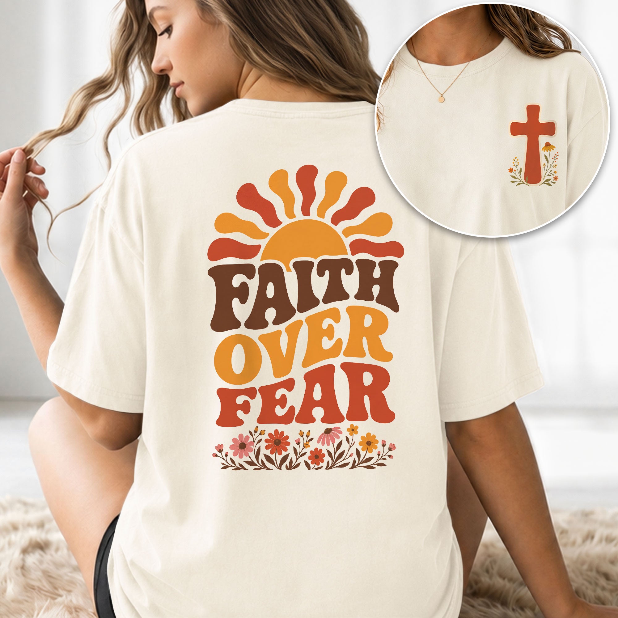 Faith Over Fear Retro Sun Floral Christian Graphic Casual Crewneck Tee Shirt Women