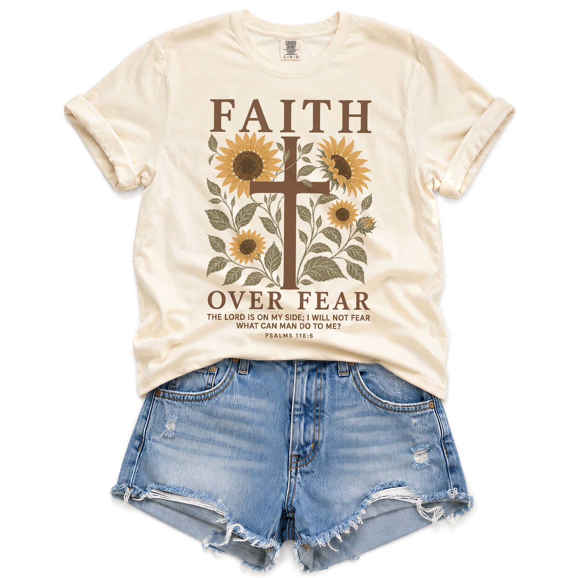 Faith Over Fear Shirt Christian Women Sunflower Cross Shirt Psalm 118 Bible Verse Floral Tee