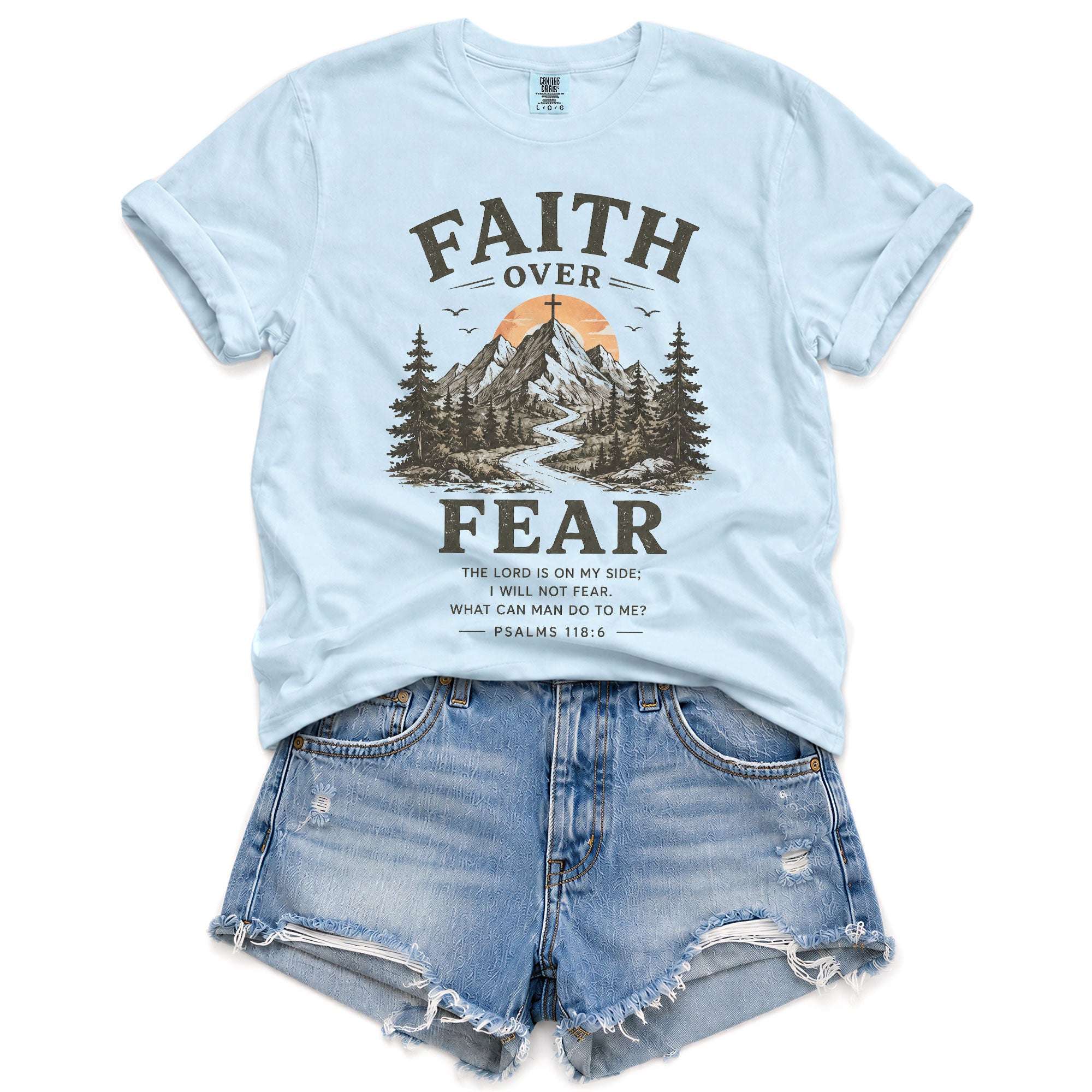 Faith Over Fear Christian Women Shirt Mountain Cross Graphic Inspirational Faith Tee