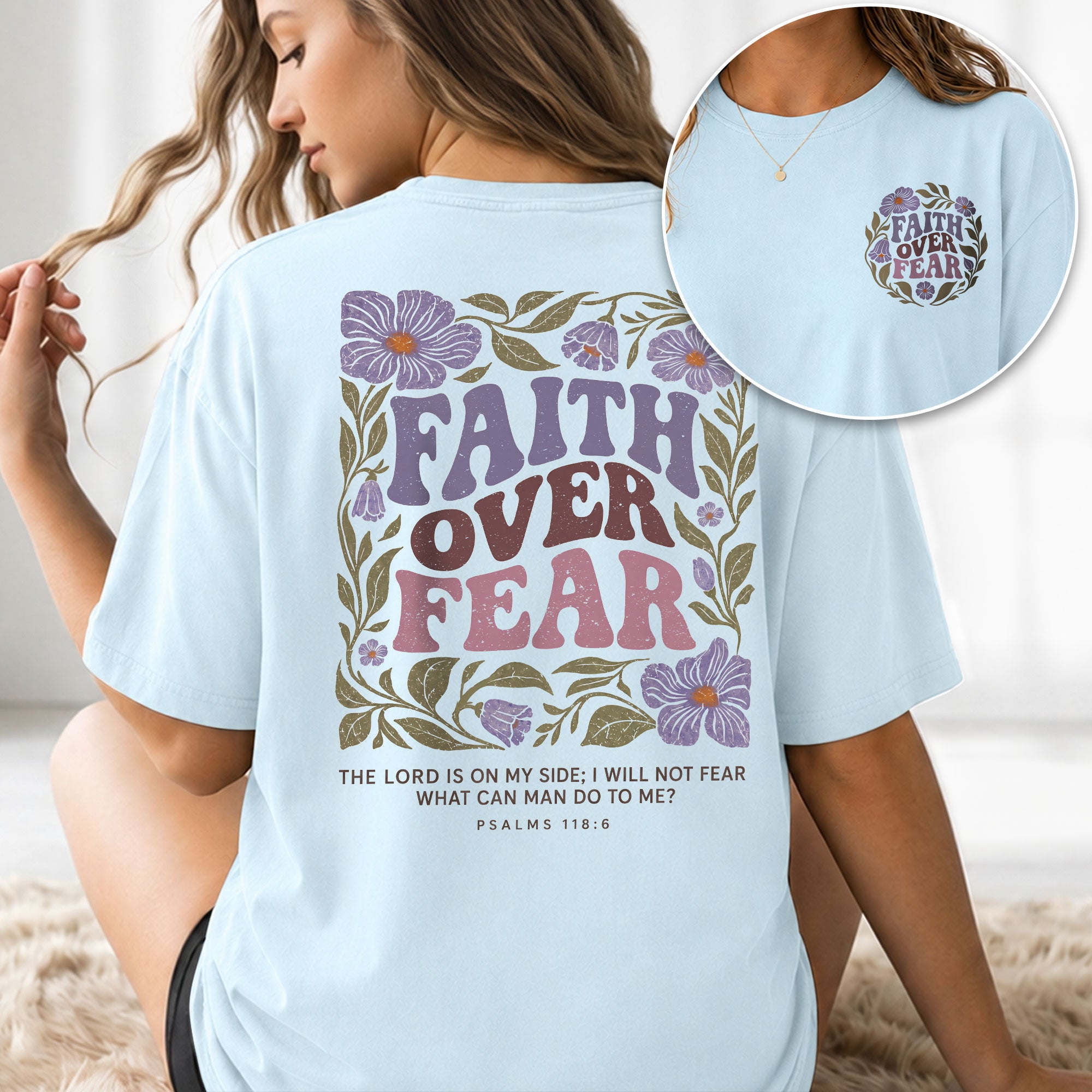 Faith Over Fear Christian Women Shirt Purple Floral Bible Verse T-Shirt Psalms 118:6 - Rust Field Wear