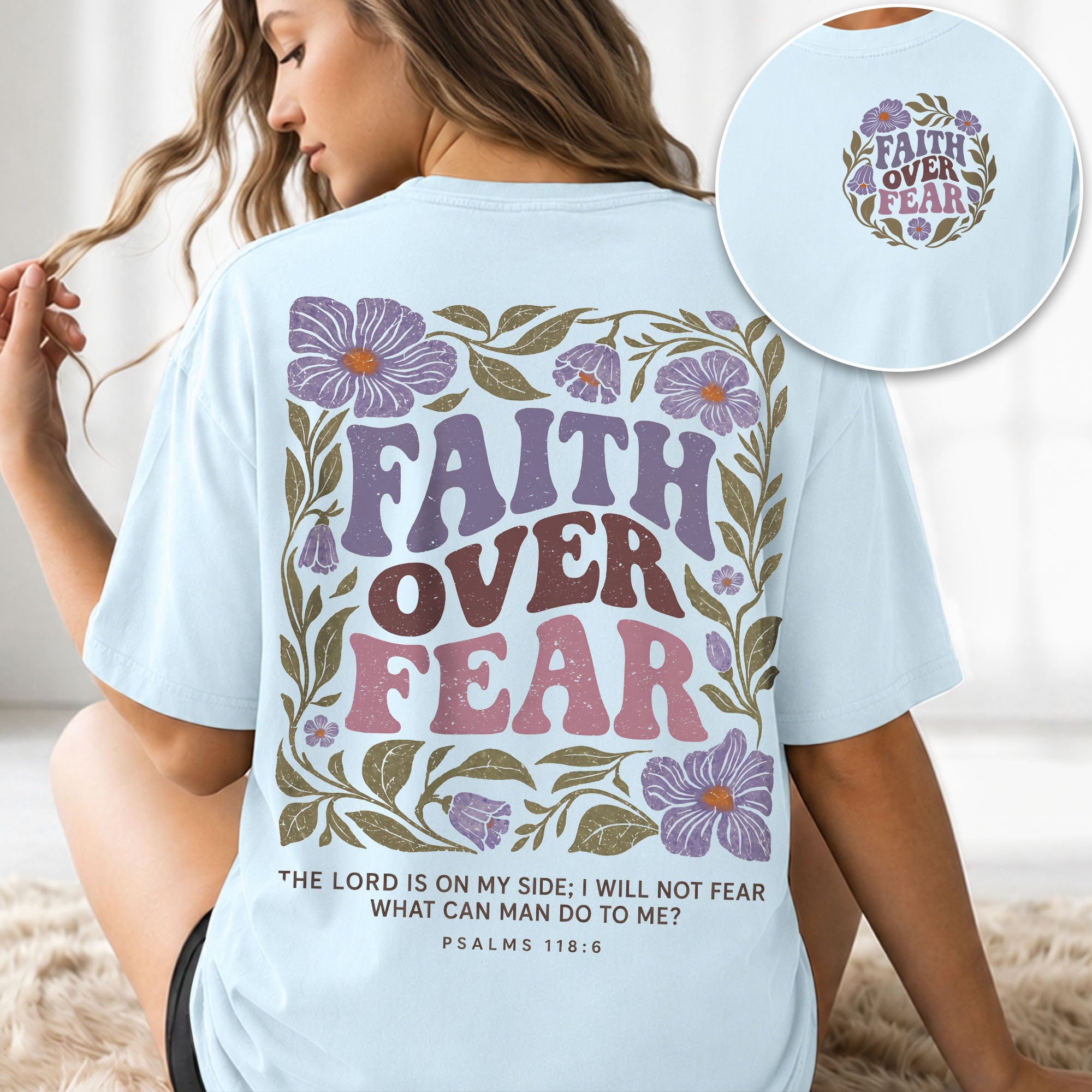 Faith Over Fear Christian Women Shirt Purple Floral Bible Verse T-Shirt Psalms 118:6 - Rust Field Wear