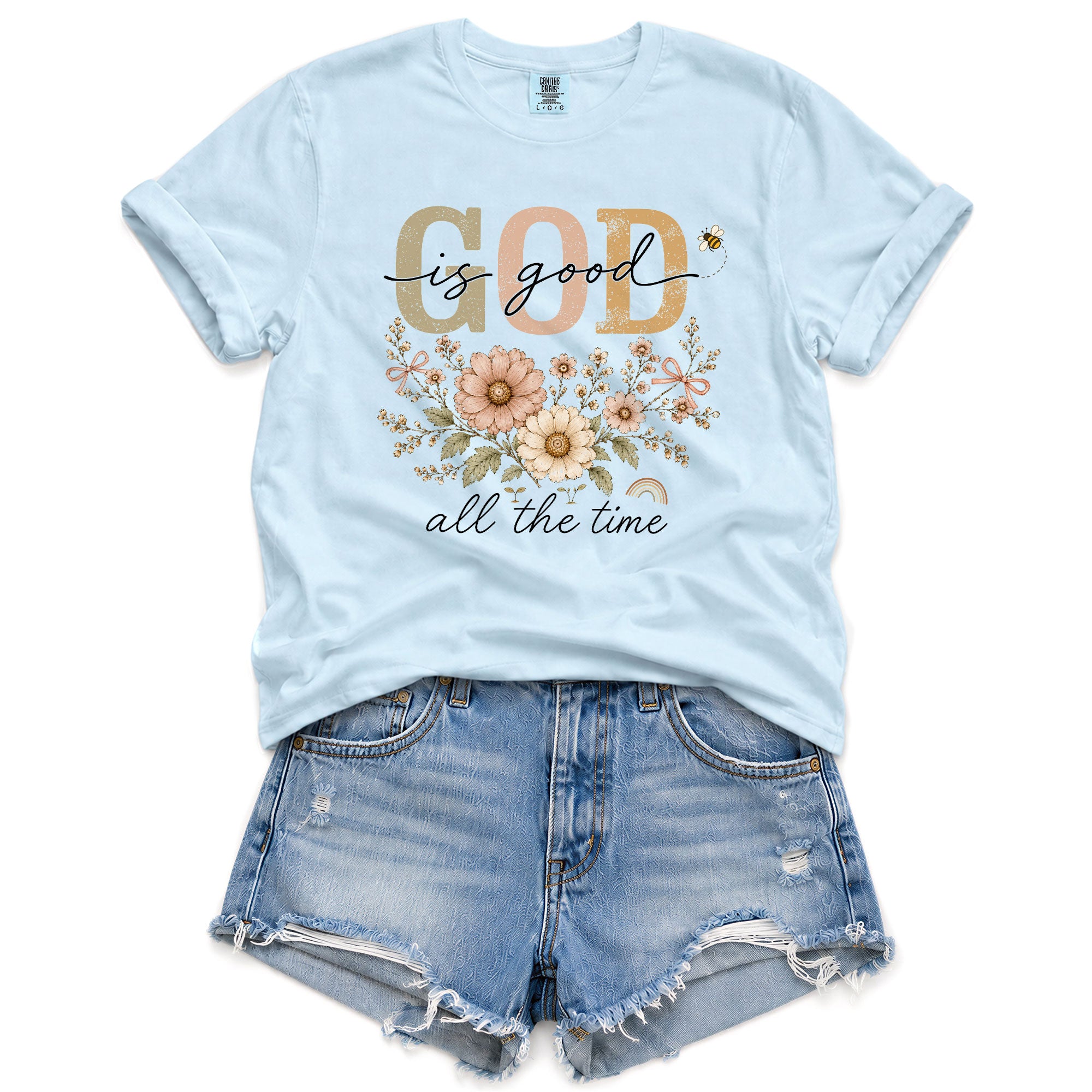 God Is Good All The Time T Shirt Christian Women Floral Bee Religious Tee Apparel