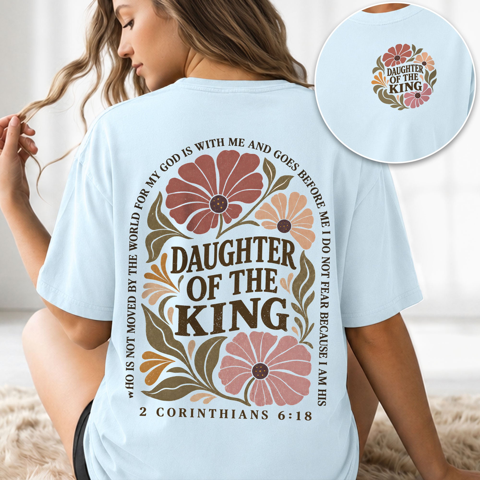 Daughter Of The King T-Shirt Christian Retro Floral Bible Verse Women Graphic Tee - Rust Field Wear