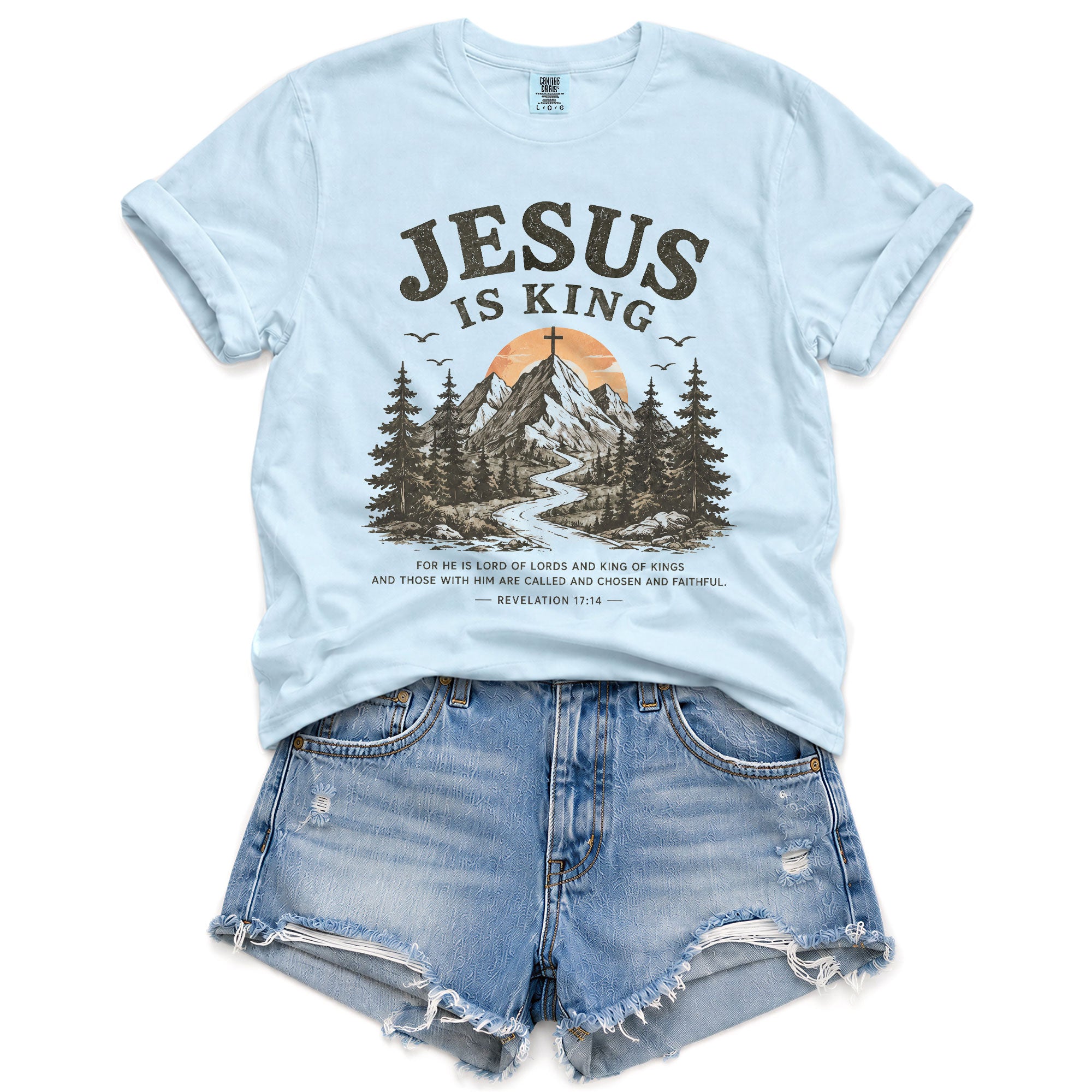 Jesus Is King Mountain Cross Trees Revelation 17 14 Graphic Christian T Shirt Women