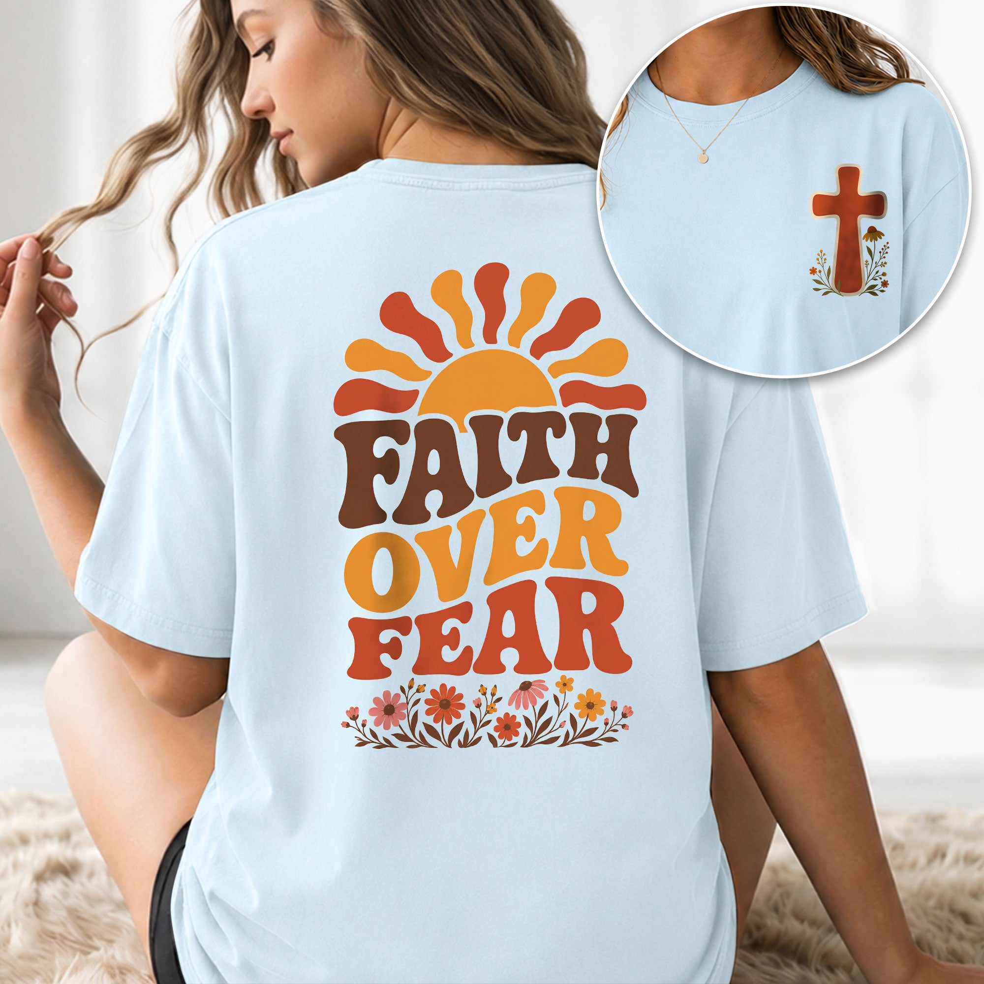 Faith Over Fear Retro Sun Floral Christian Graphic Casual Crewneck Tee Shirt Women