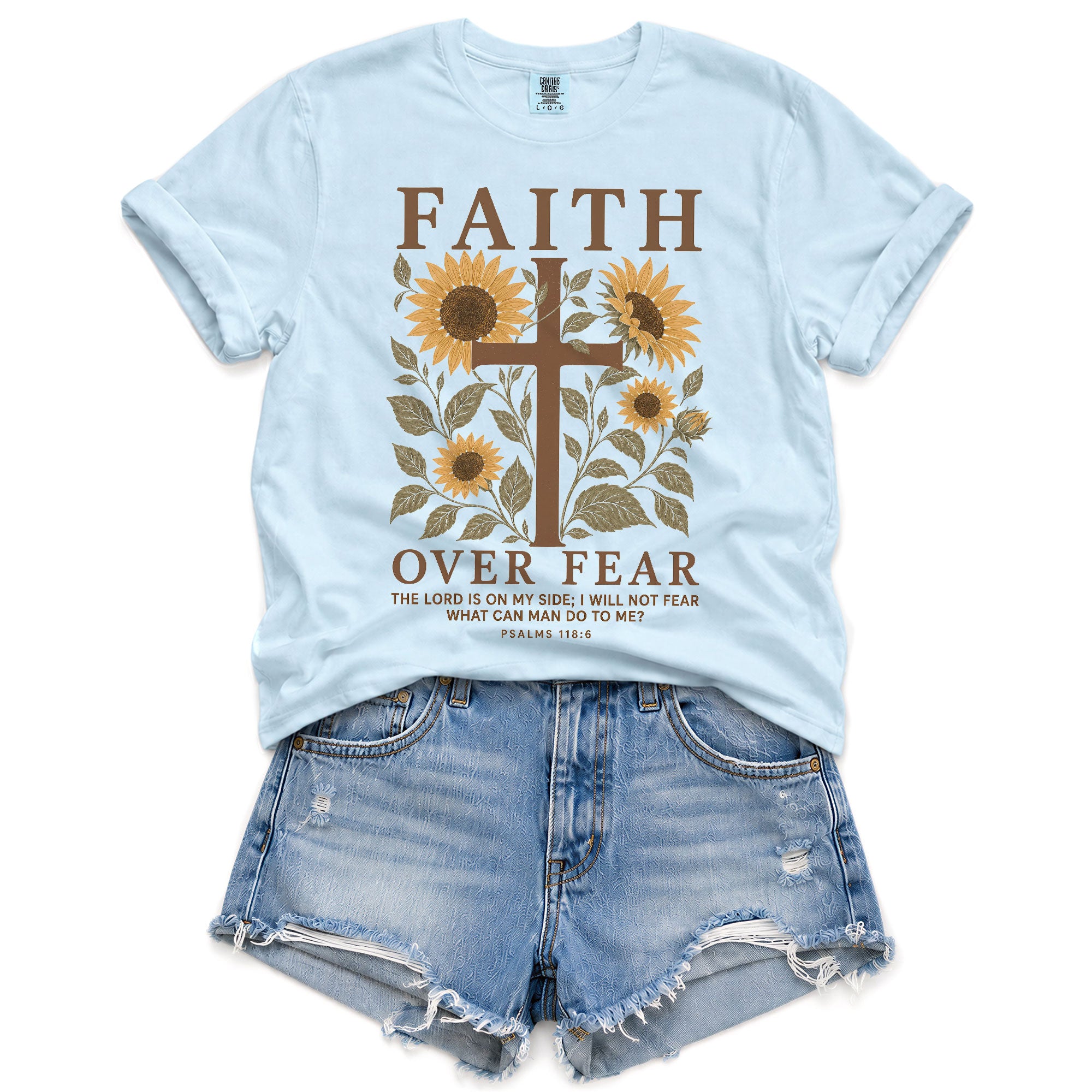 Faith Over Fear Shirt Christian Women Sunflower Cross Shirt Psalm 118 Bible Verse Floral Tee