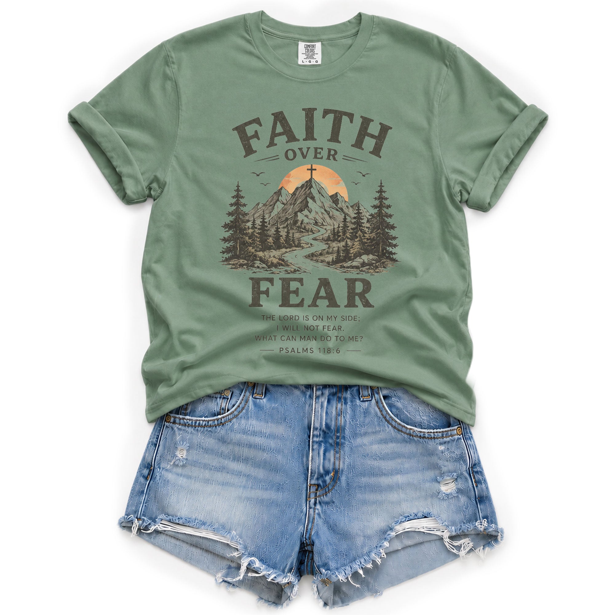 Faith Over Fear Christian Women Shirt Mountain Cross Graphic Inspirational Faith Tee