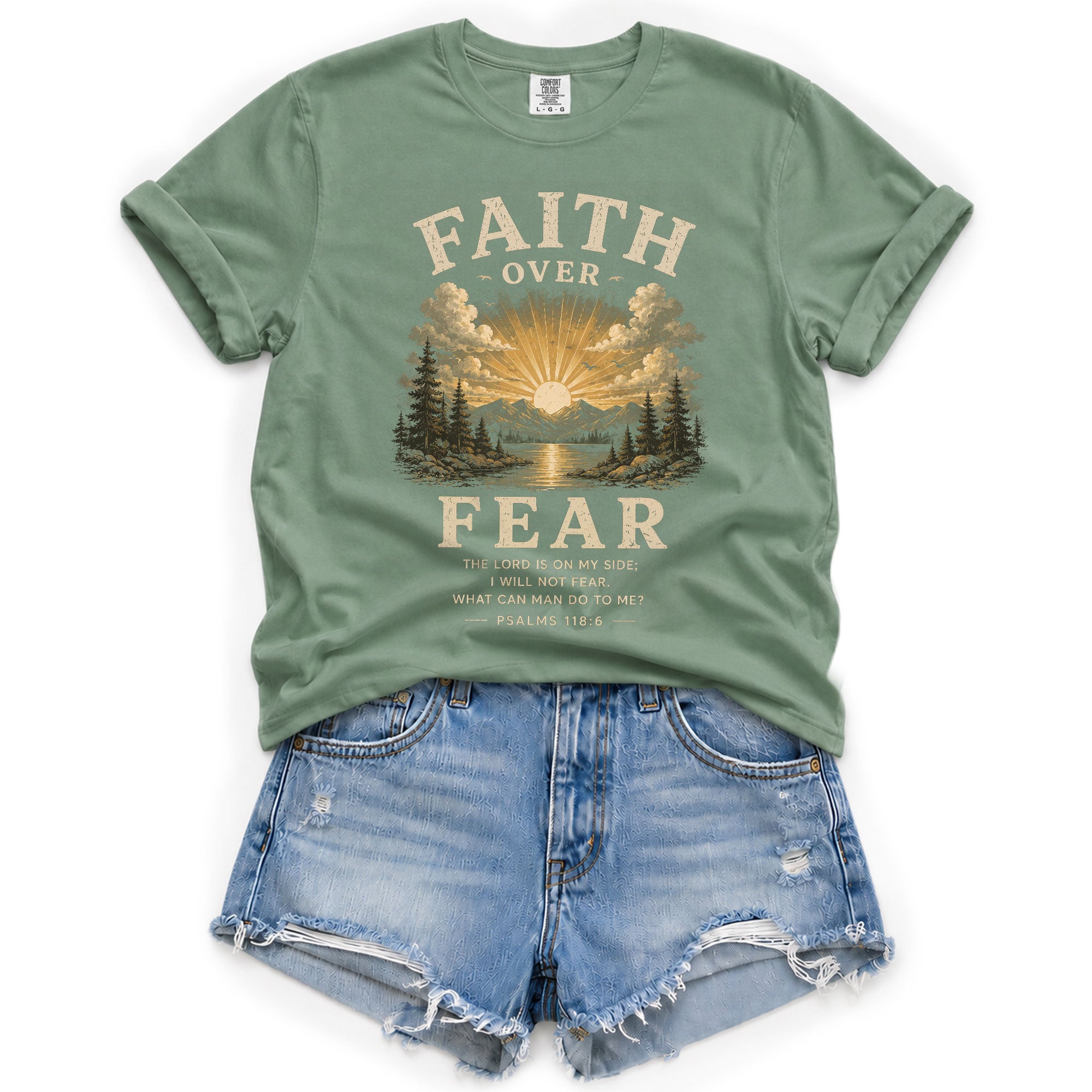 Faith Over Fear Christian Women Shirt Vintage Mountain Sunset Bible Verse T-Shirt