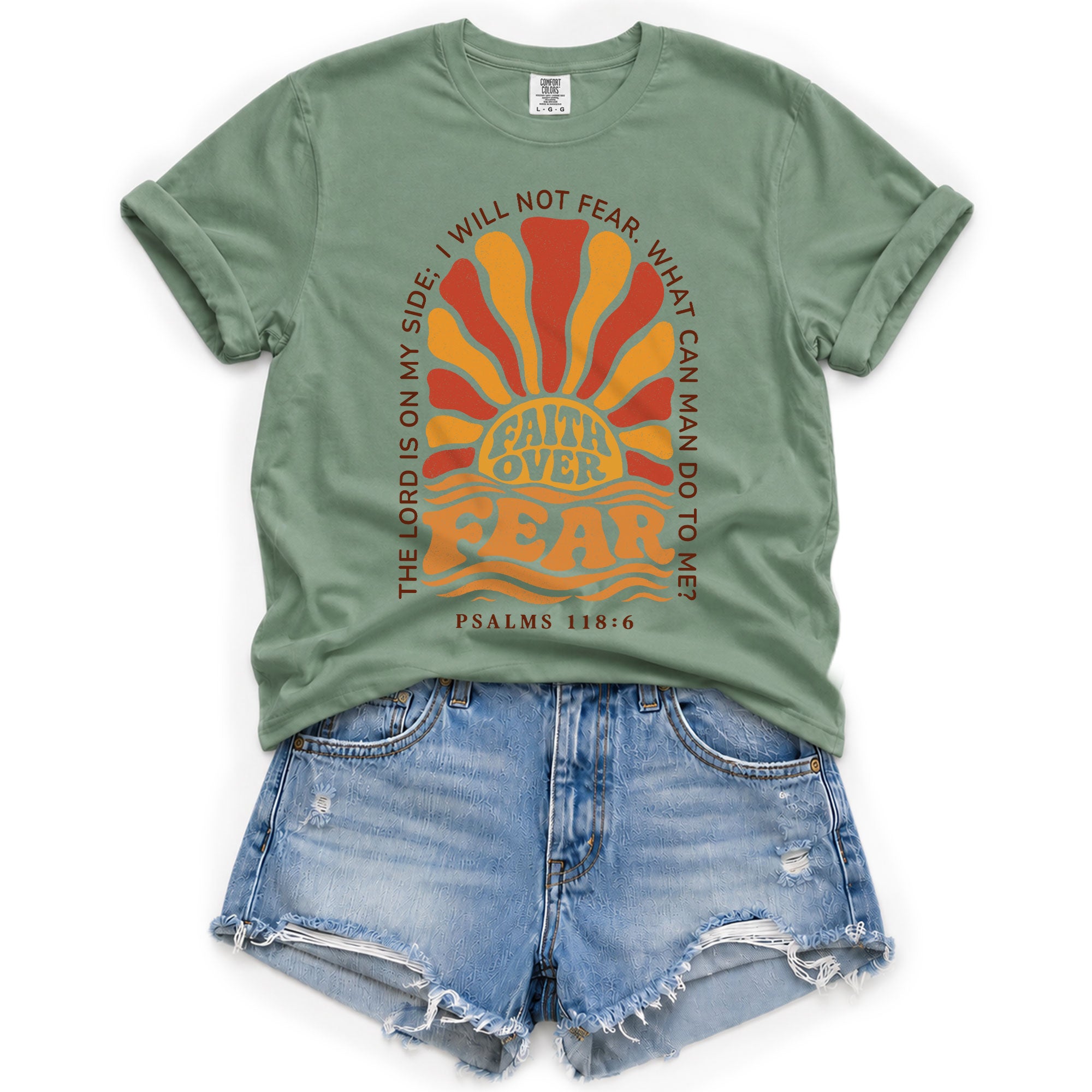 Faith Over Fear Christian Shirt Retro Sunburst Bible Verse Women T-Shirt Tee Gift