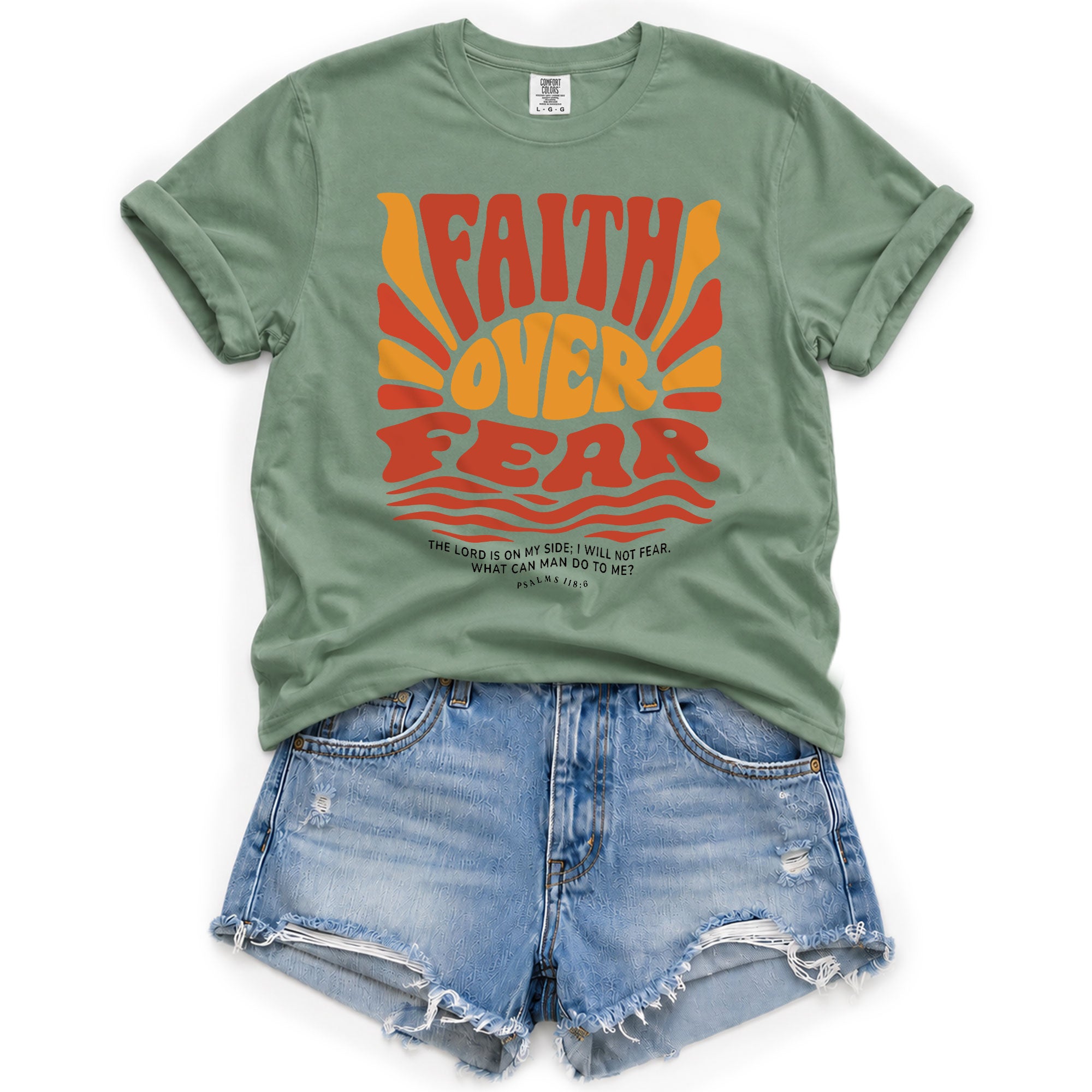 Faith Over Fear Christian Women Shirt Retro Wavy Font Graphic T-Shirt Psalms 118:6