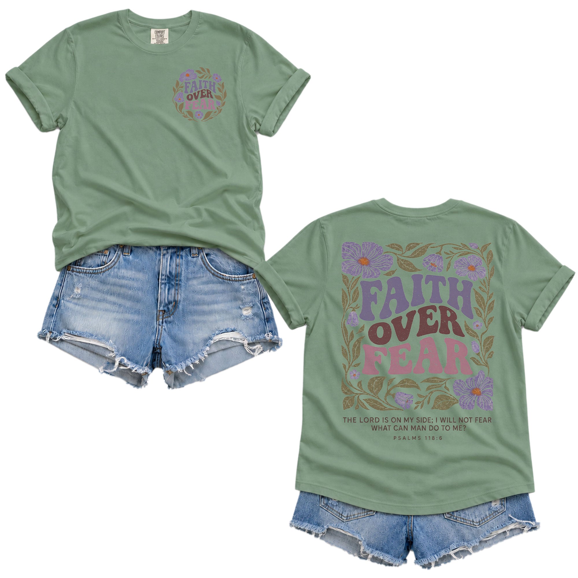 Faith Over Fear Christian Women Shirt Purple Floral Bible Verse T-Shirt Psalms 118:6