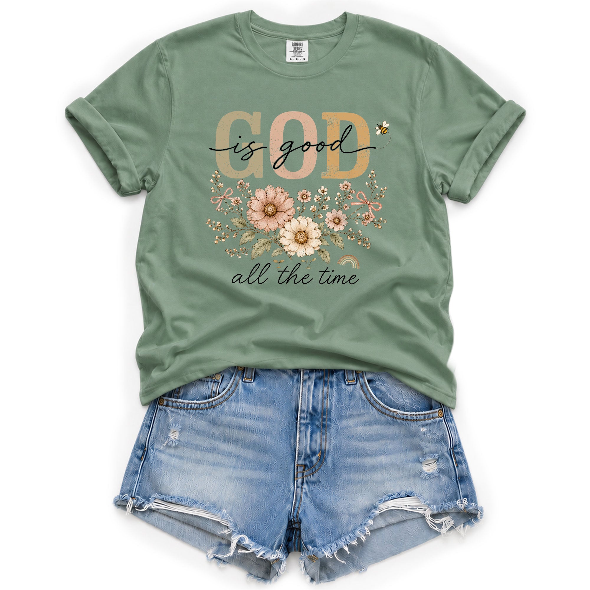 God Is Good All The Time T Shirt Christian Women Floral Bee Religious Tee Apparel