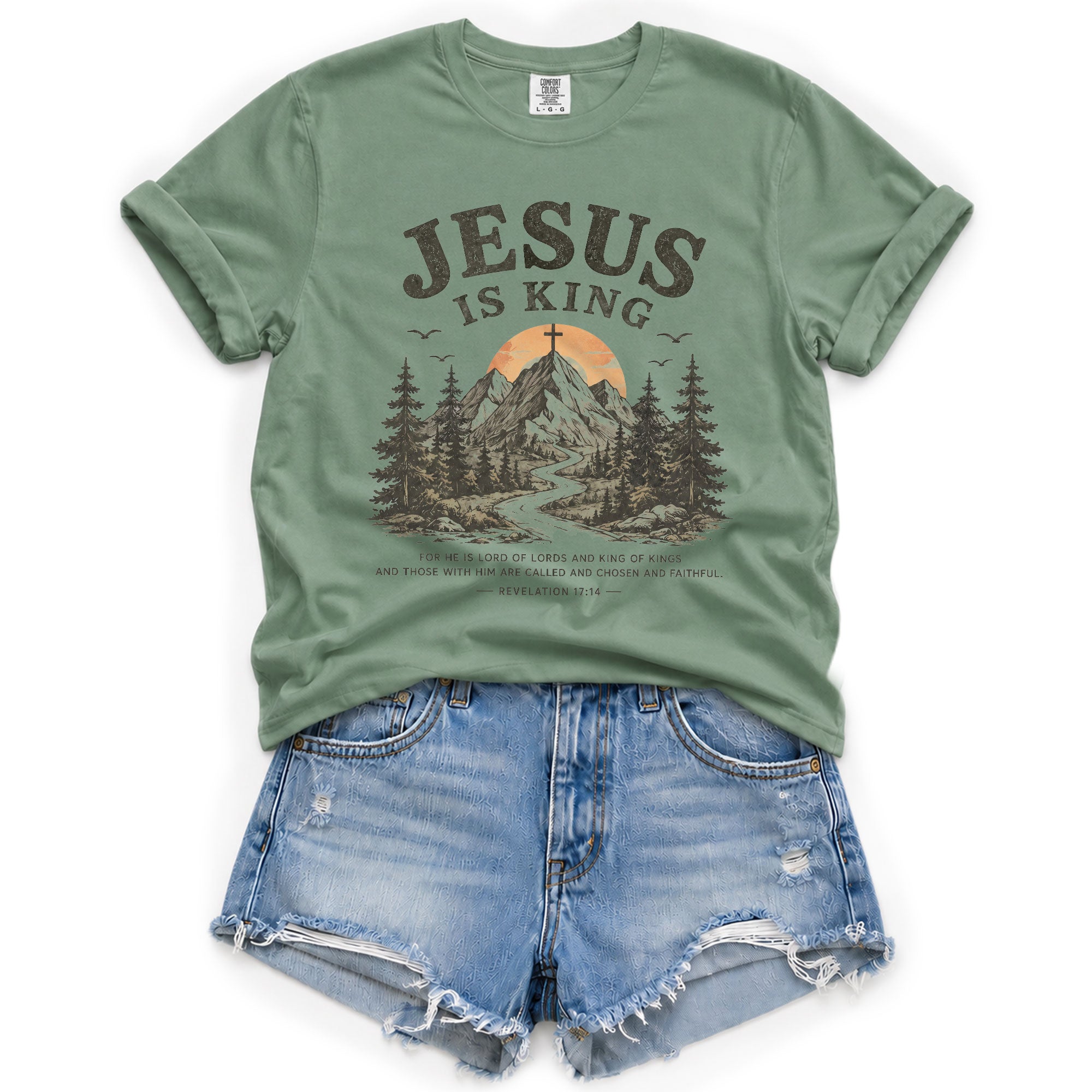 Jesus Is King Mountain Cross Trees Revelation 17 14 Graphic Christian T Shirt Women