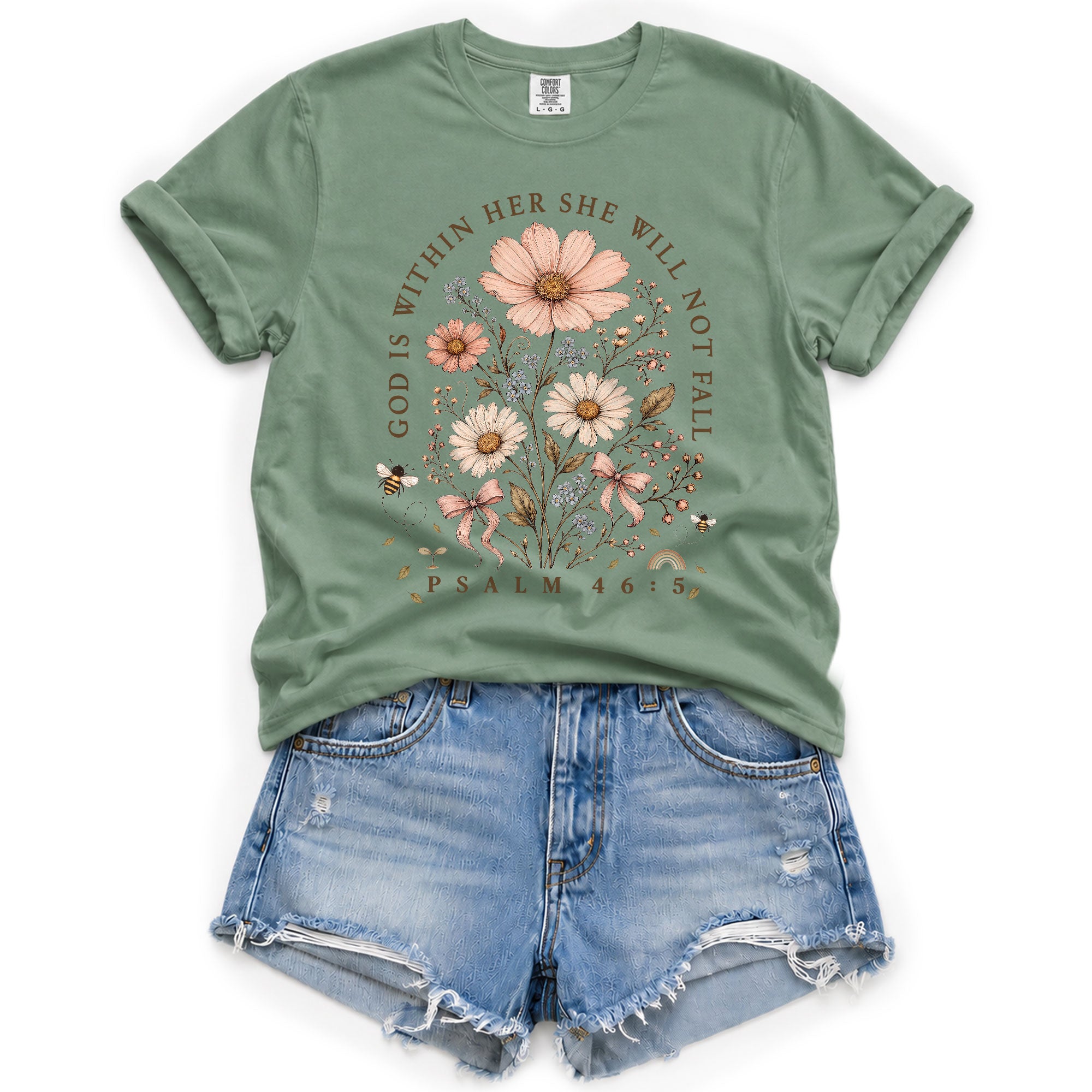 God Is Within Her Shirt Wildflower Floral Bee Christian Bible Verse Women Graphic Tee