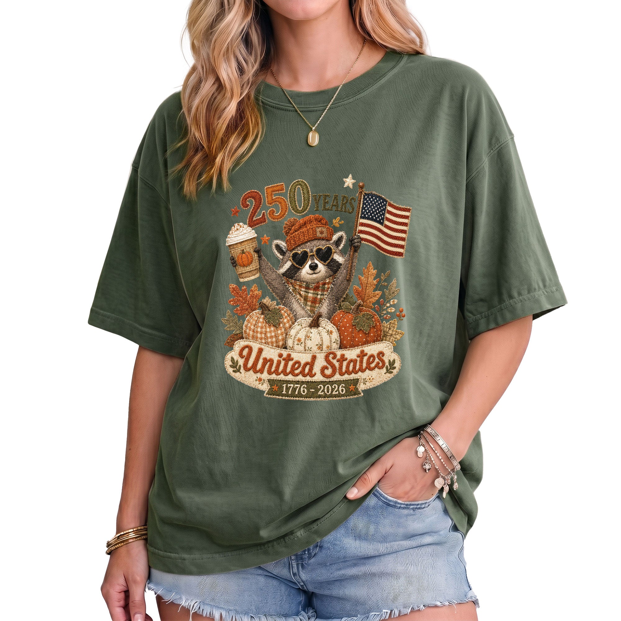 1776-2026 United States Fall Graphic Tee: Cute Raccoon Autumn Pumpkin Spice T-Shirt