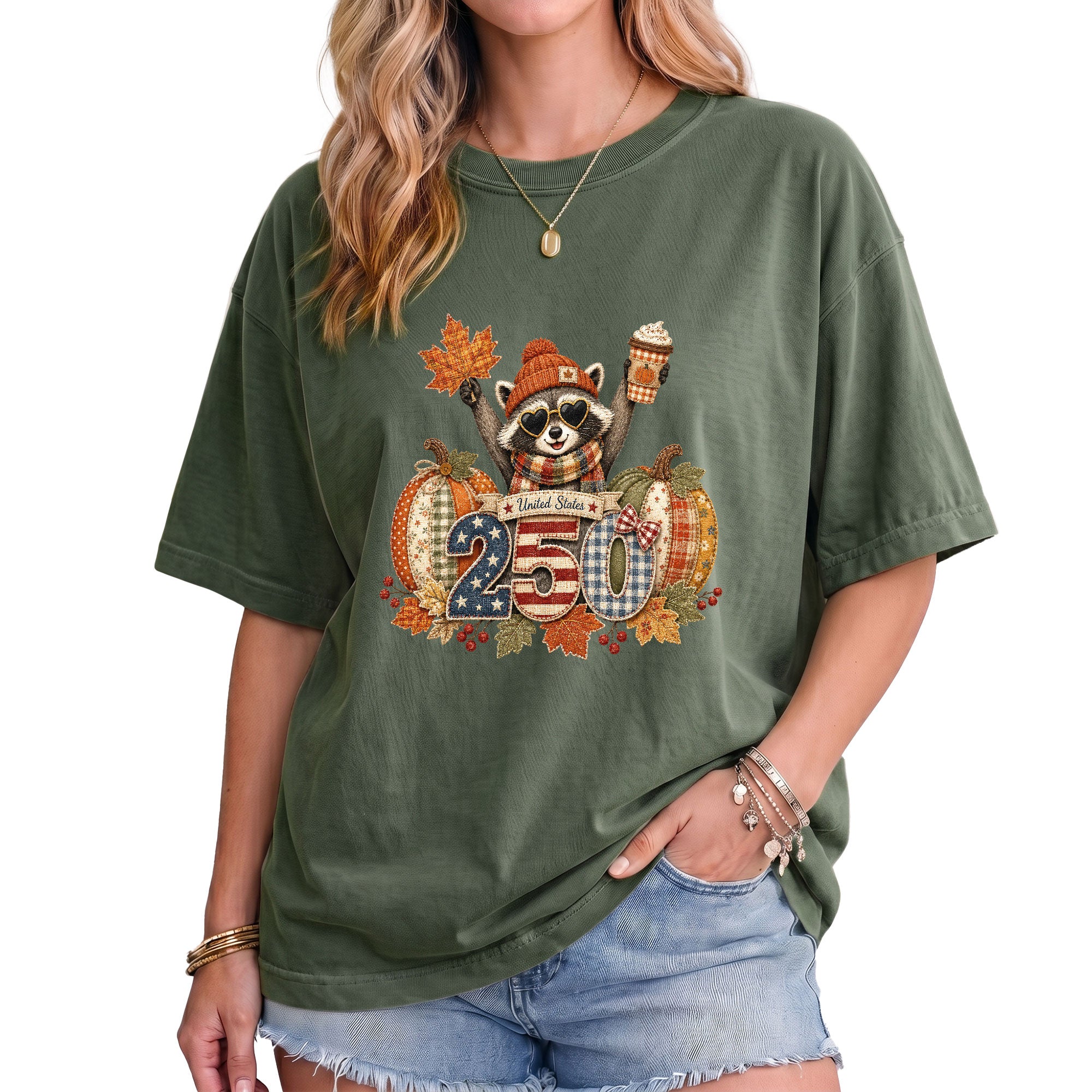 Cute Raccoon 250 Years United States Shirt: Cozy Autumn Pumpkin Seasonal Graphic Tee
