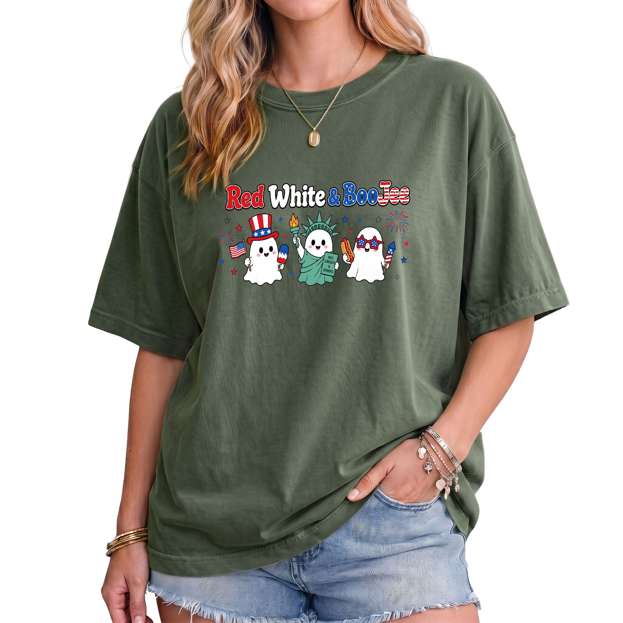 Unique Red White And BooJee Tee Adorable Patriotic Ghost Cartoon Graphic Shirt