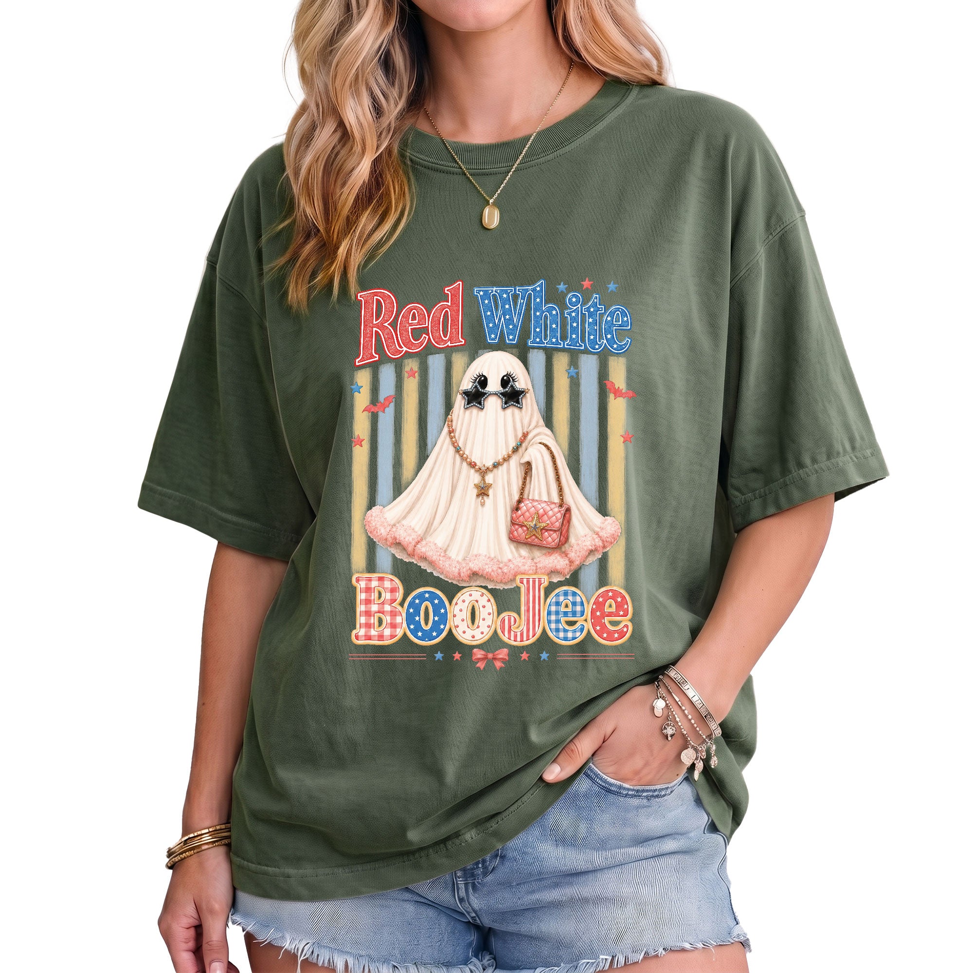 Red White BooJee Ghost Graphic T Shirt Trendy Patriotic Apparel For Unisex Wear