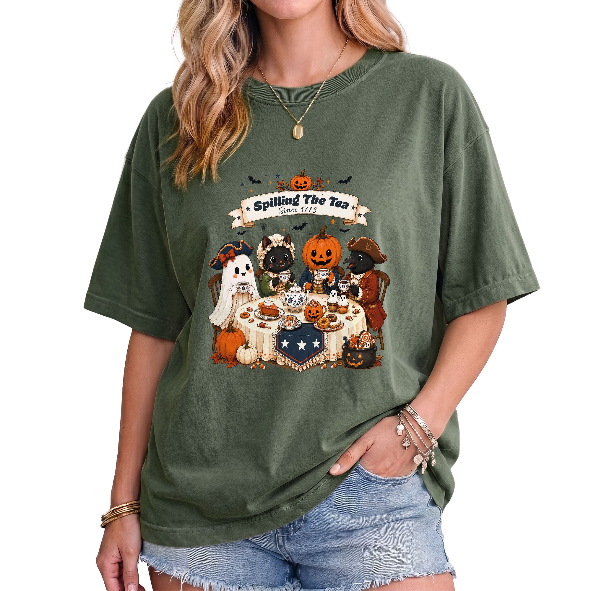 Spilling The Tea Since 1773 Tee Cute Aesthetic Halloween Ghost Cat Pumpkin Fall Shirt