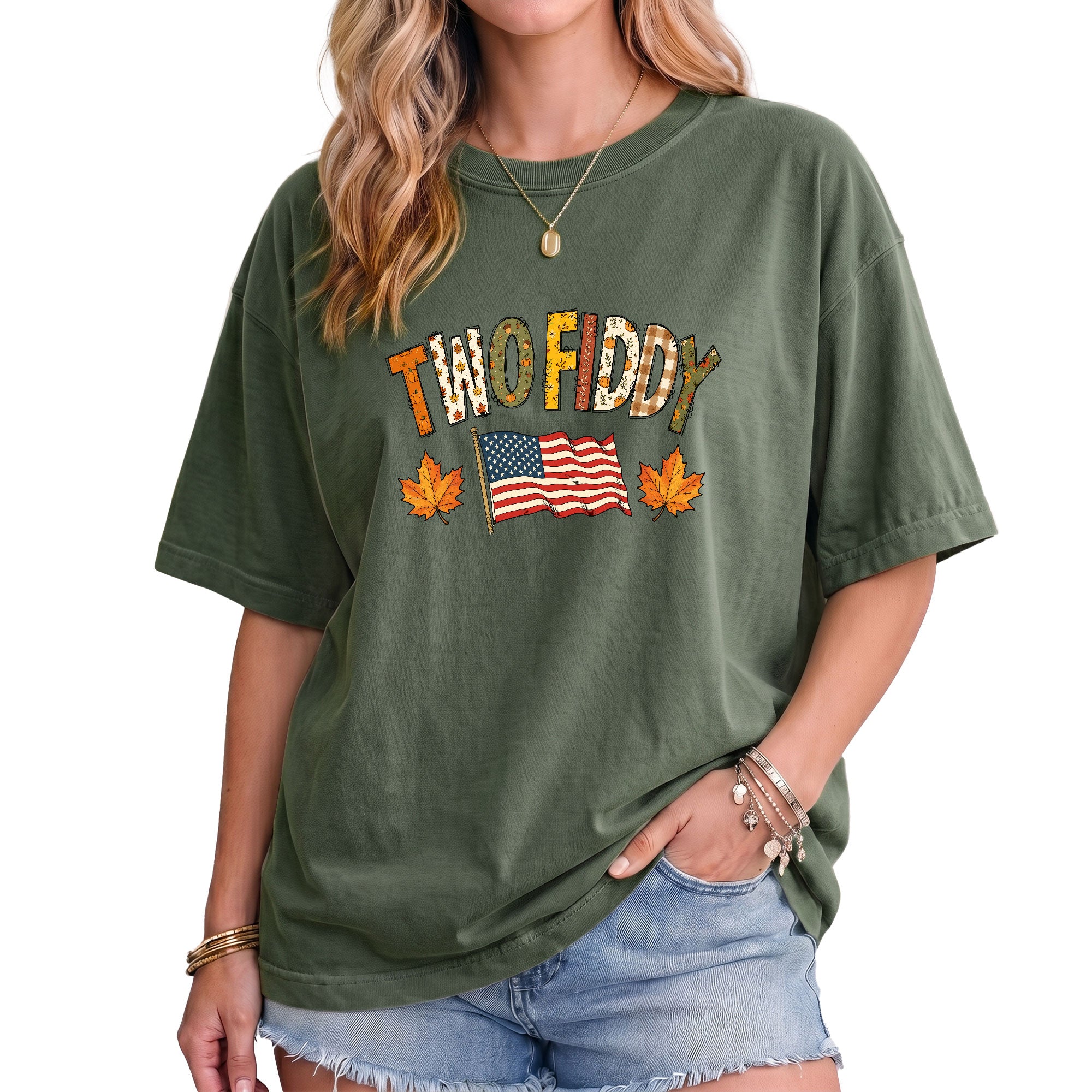 Two Fiddy Shirt Fall Vibes US Flag Maple Leaf Autumn Patriotic Graphic Tee