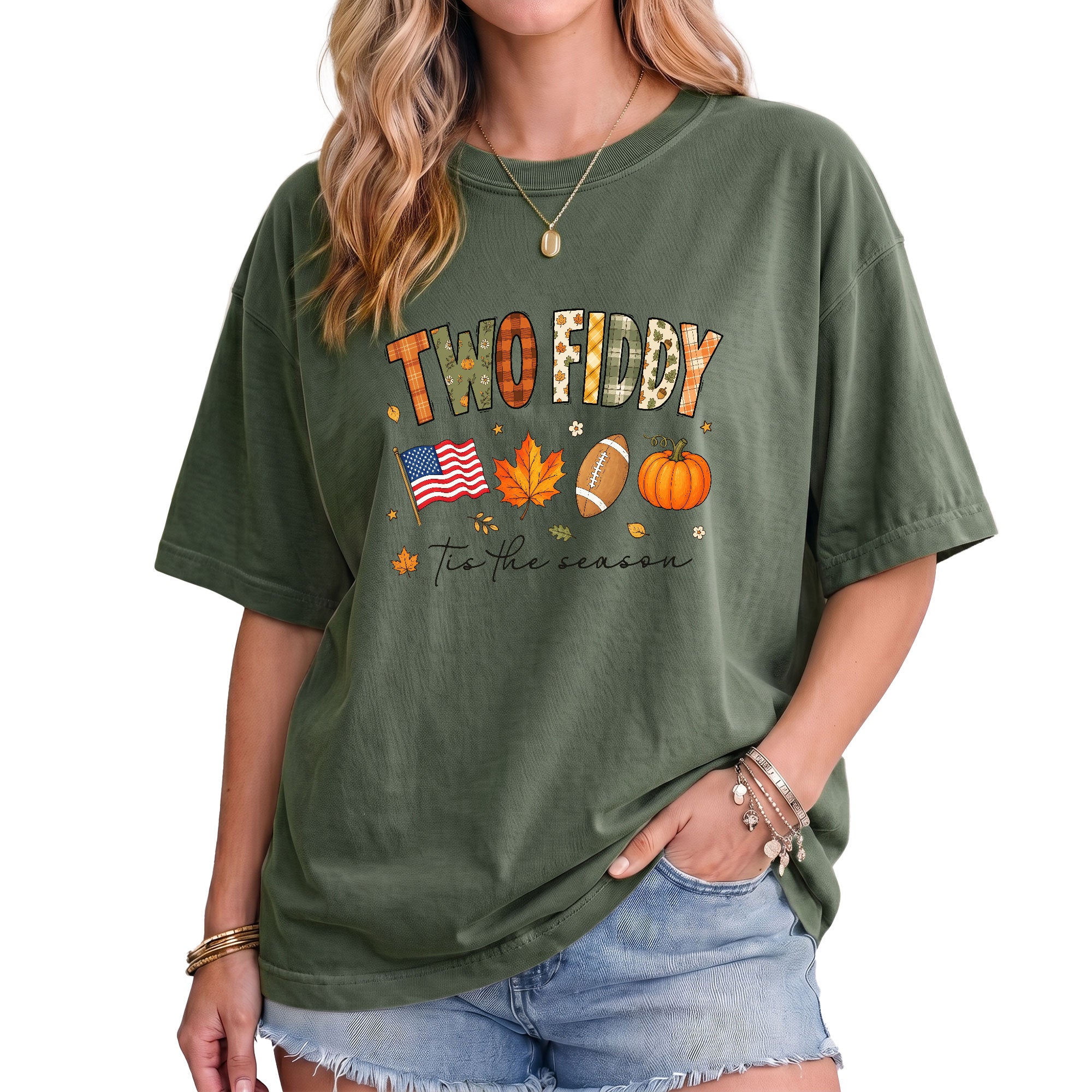 Two Fiddy Tis The Season Shirt Football Pumpkin Fall US Flag Patriotic Tee