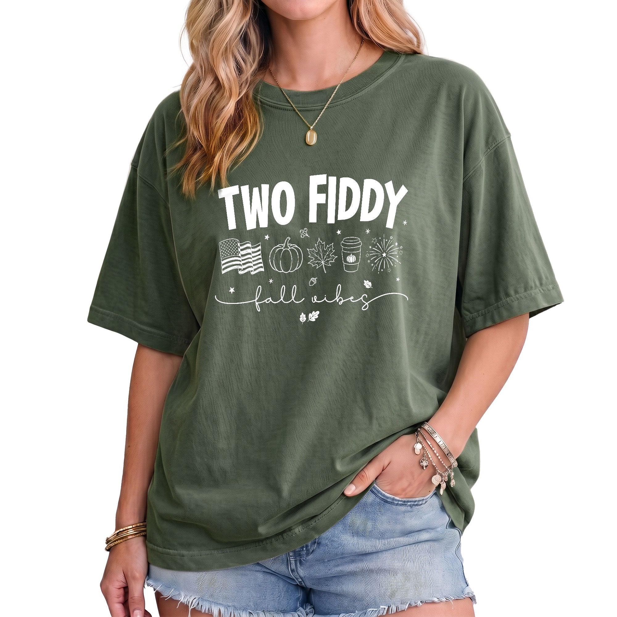 Two Fiddy Fall Shirt Pumpkin Spice Coffee US Flag Fireworks Autumn Graphic