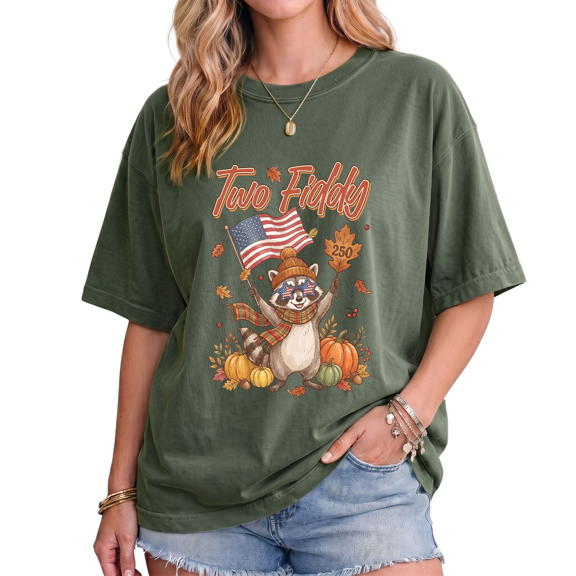 Two Fiddy Fall Vibes Shirt Cute Raccoon Pumpkin US Flag Autumn Graphic Tee