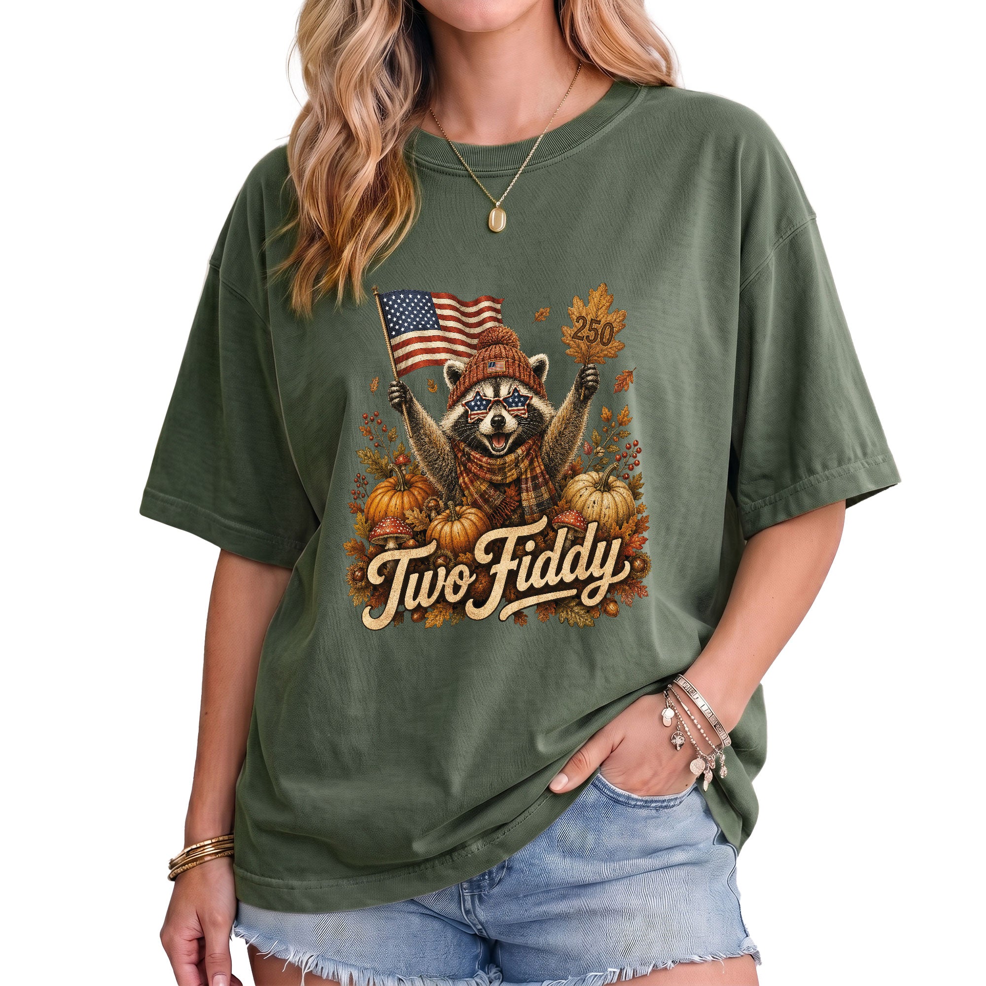Patriotic Fall Shirt Two Fiddy Retro Raccoon Pumpkin US Flag Autumn Graphic Tee