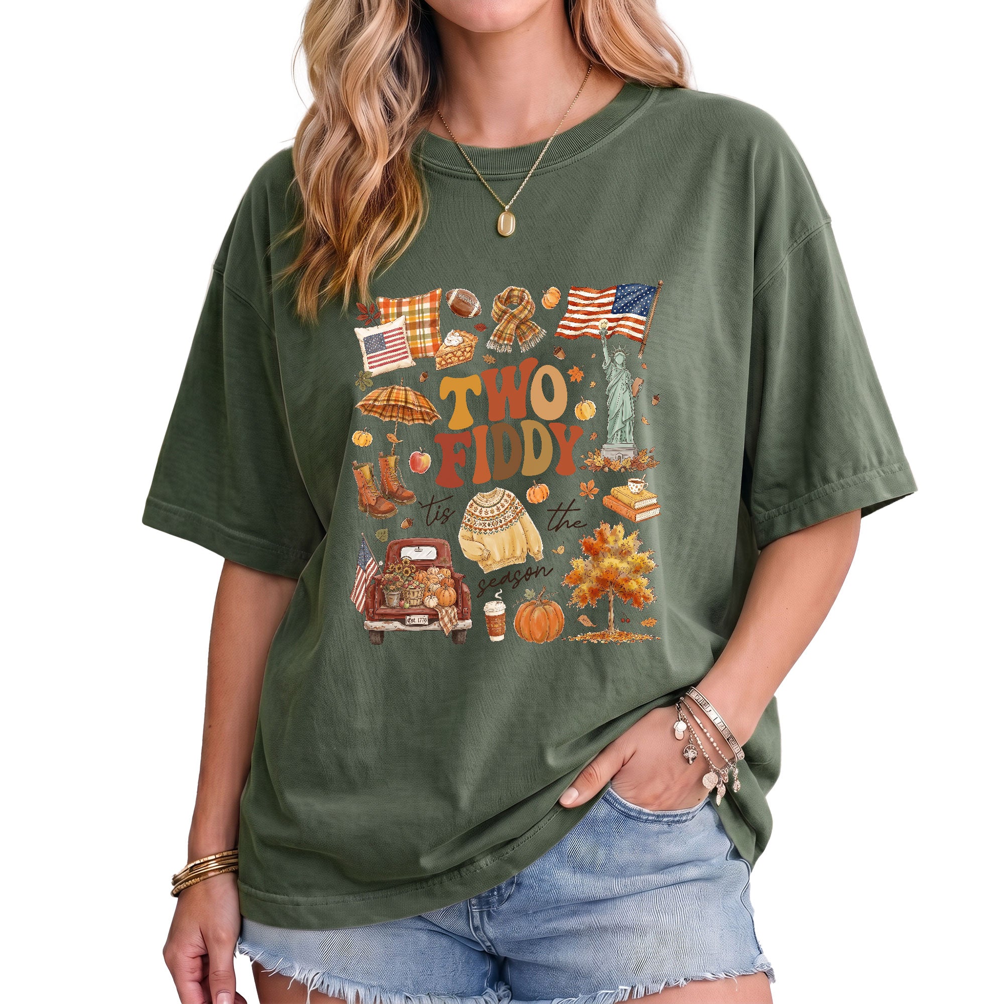 Two Fiddy Tis The Season Shirt Fall Doodle Pumpkin Statue of Liberty US Flag Tee