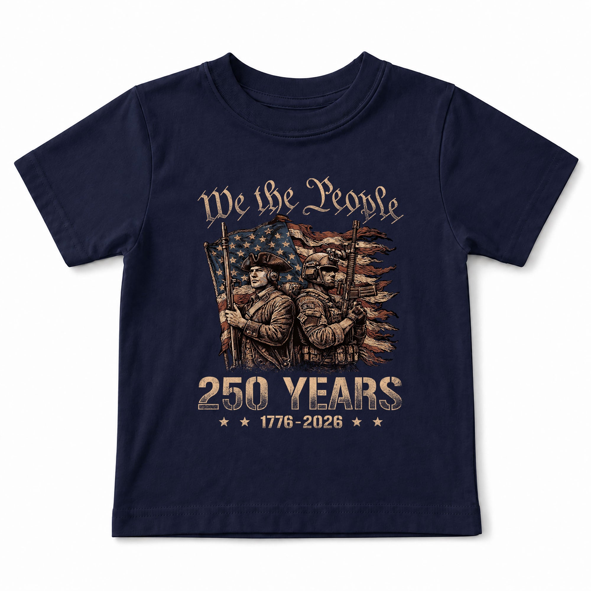 250 Years Kids T-Shirt Revolutionary Soldier Patriotic American Flag 1776-2026 Youth