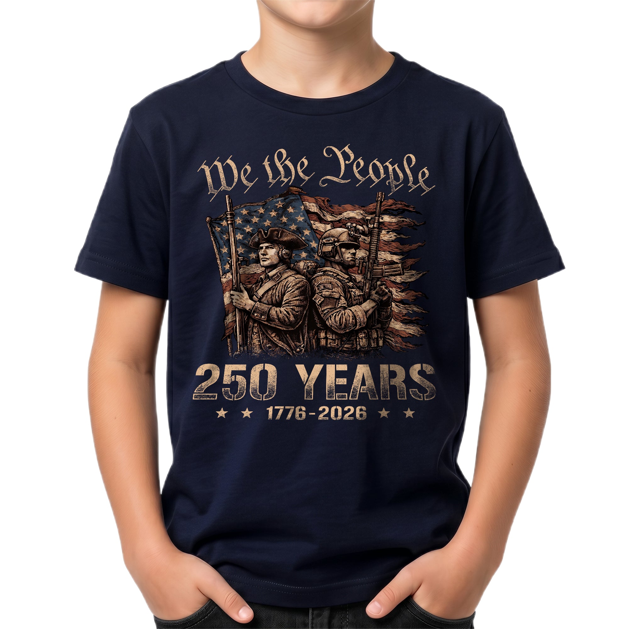 250 Years Kids T-Shirt Revolutionary Soldier Patriotic American Flag 1776-2026 Youth