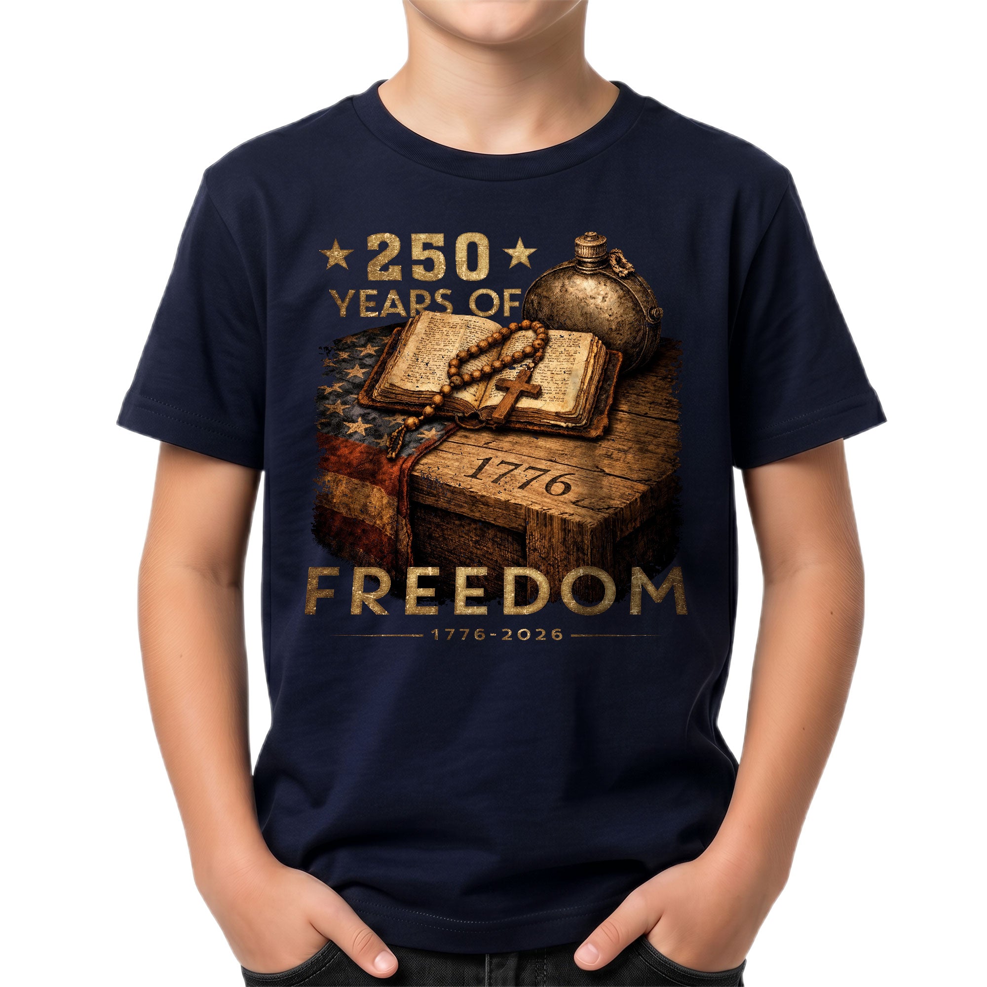 250 Years of Freedom Kids Tee 1776–2026 Faith and Patriotism Graphic Shirt