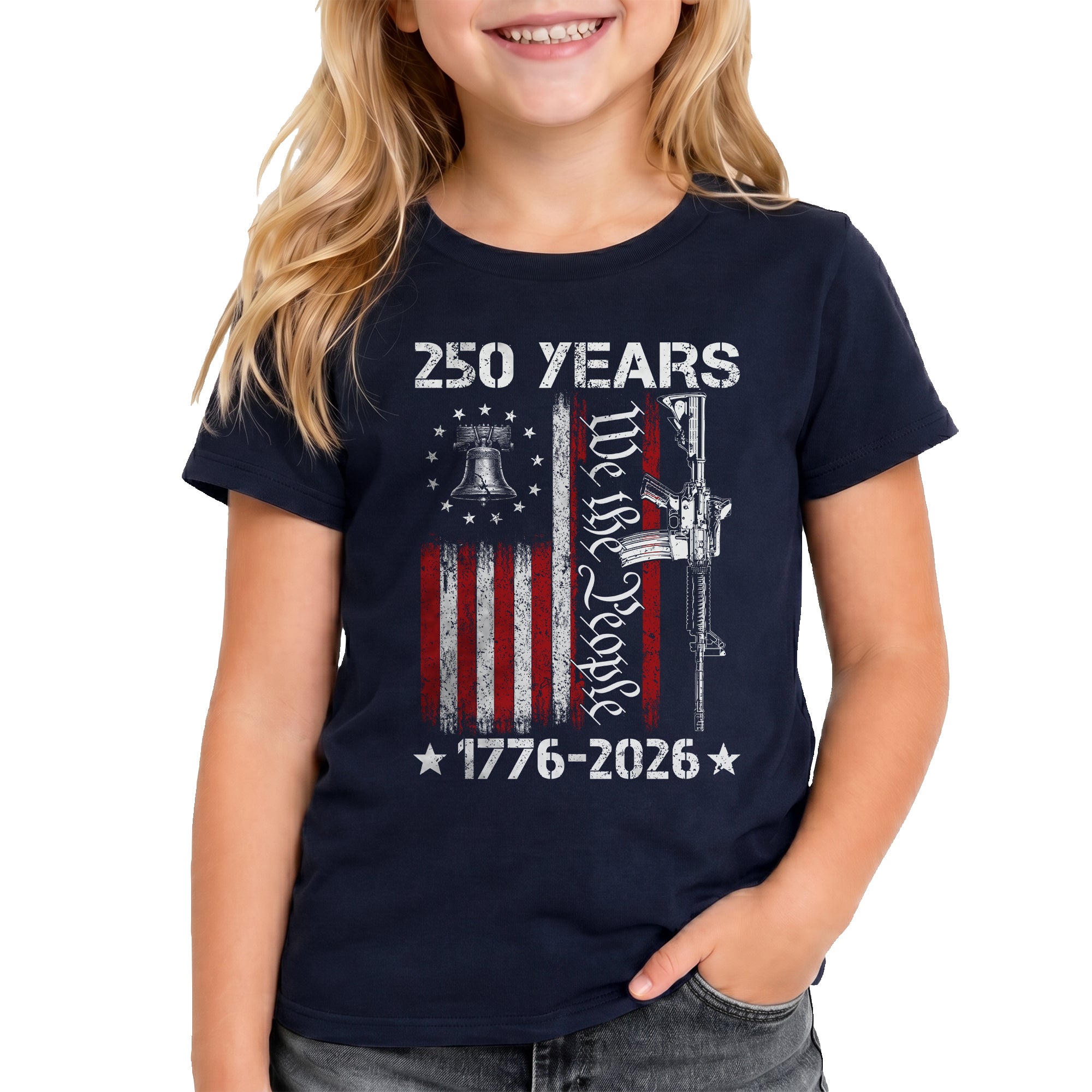 Youth Tee We the People 250 Years Patriotic 1776-2026 Liberty Bell Gun Boys Girls Shirt