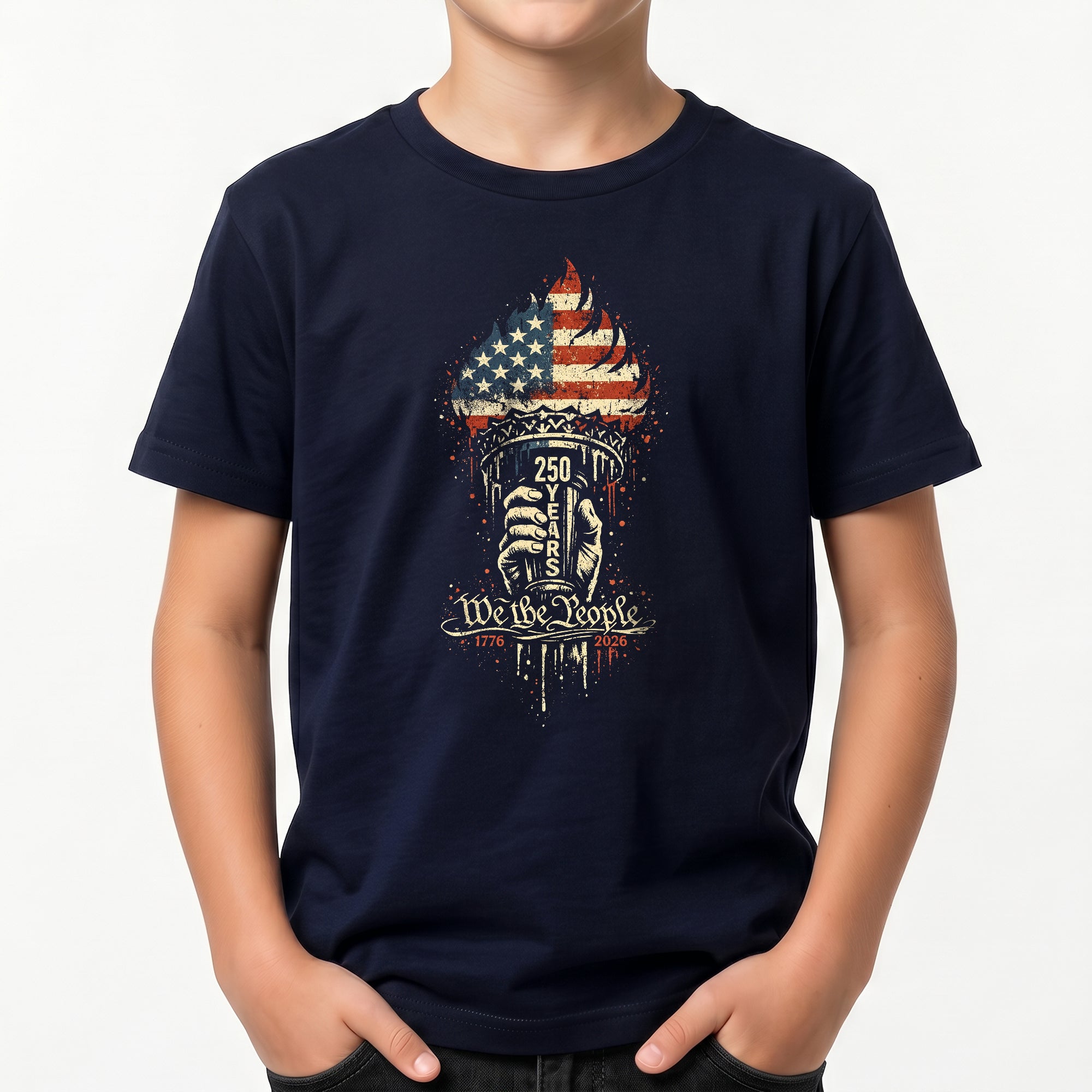Patriotic 1776-2026 Kids Shirt We the People 250 Years Statue Liberty Torch Boys Girls Tee