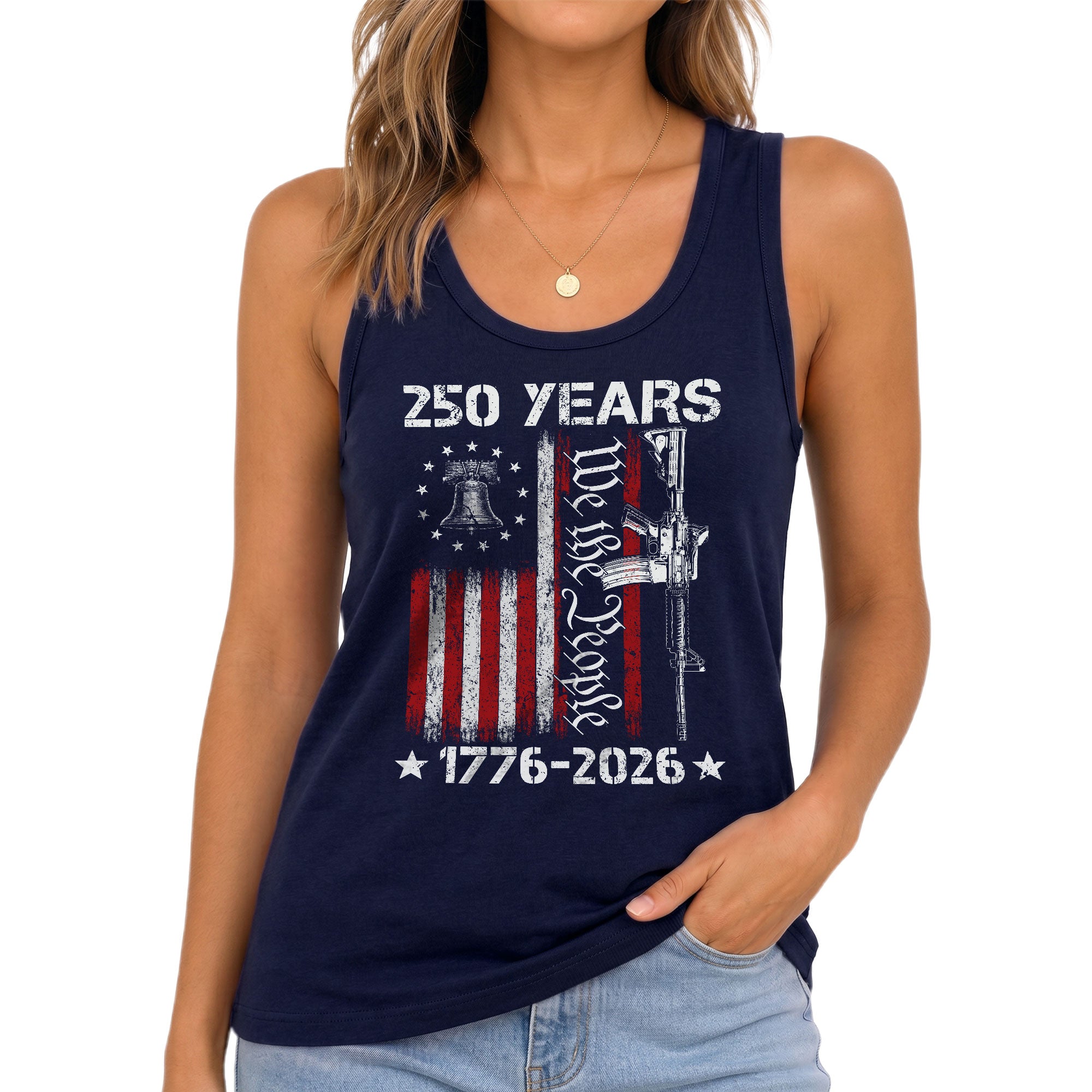 250 Years Tank Top Women We the People Liberty Bell Patriotic US Vertical Flag Shirt