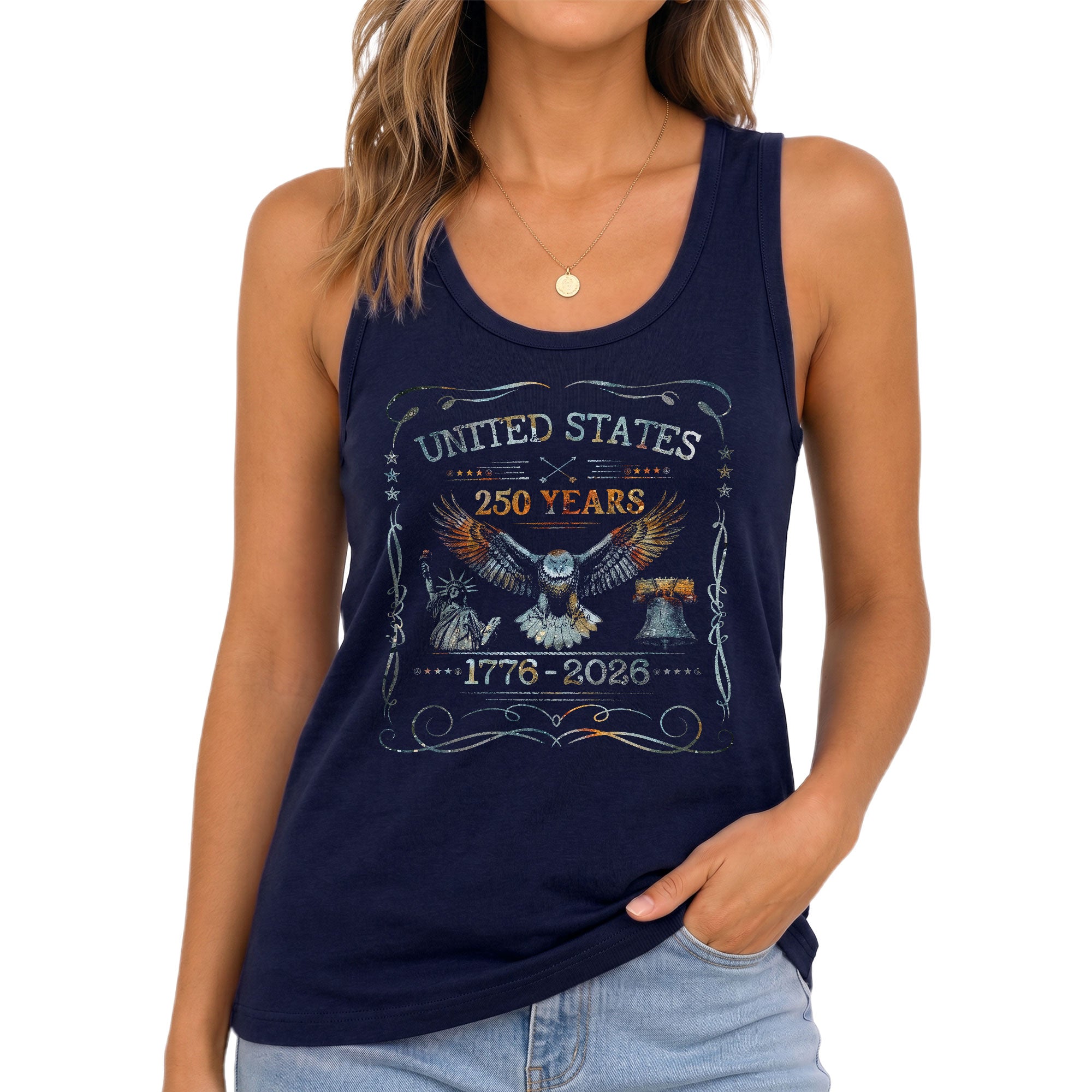 United States 250 Years Tank Top Women Eagle Vintage Ornate Patriotic 1776-2026 Shirt