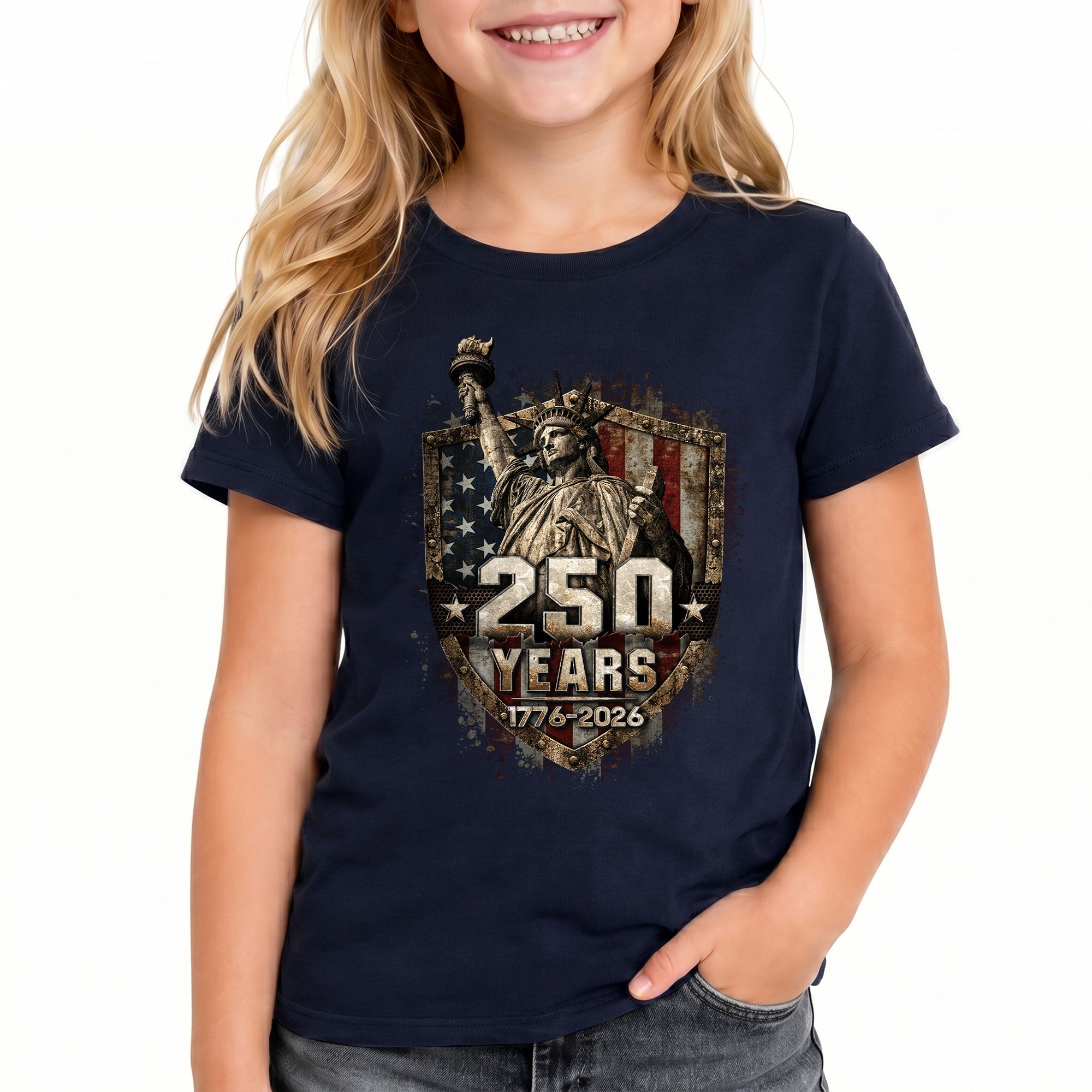 250 Years Kids T-Shirt Statue of Liberty Patriotic American Flag 1776-2026 Youth Tee