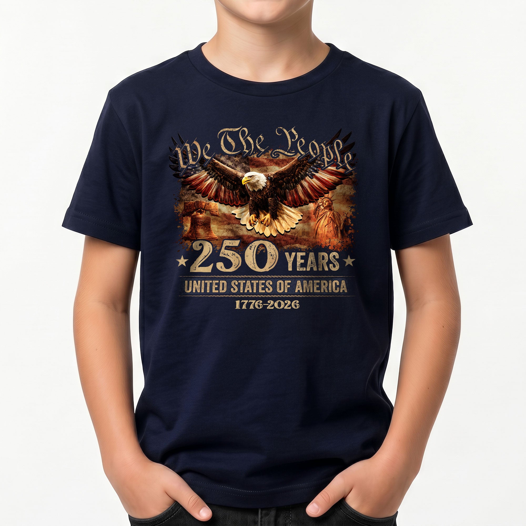 250 Years Kids T-Shirt We The People Patriotic Eagle Statue of Liberty 1776-2026 Youth