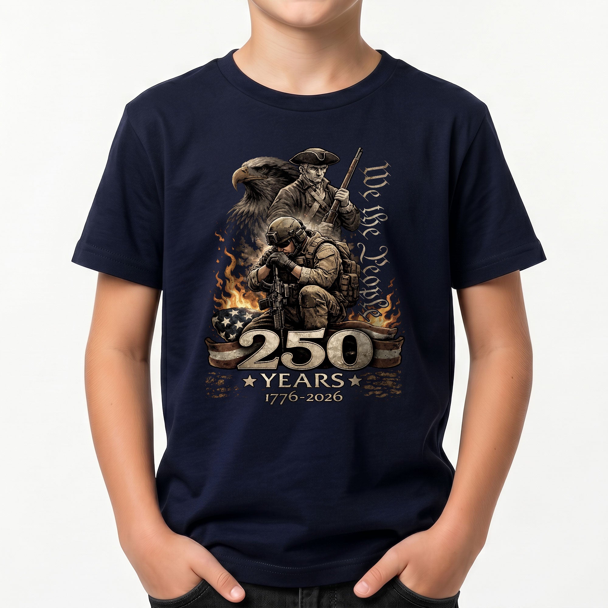 We The People 250 Years Kids T-Shirt Patriotic Military Soldier 1776-2026 Youth Tee