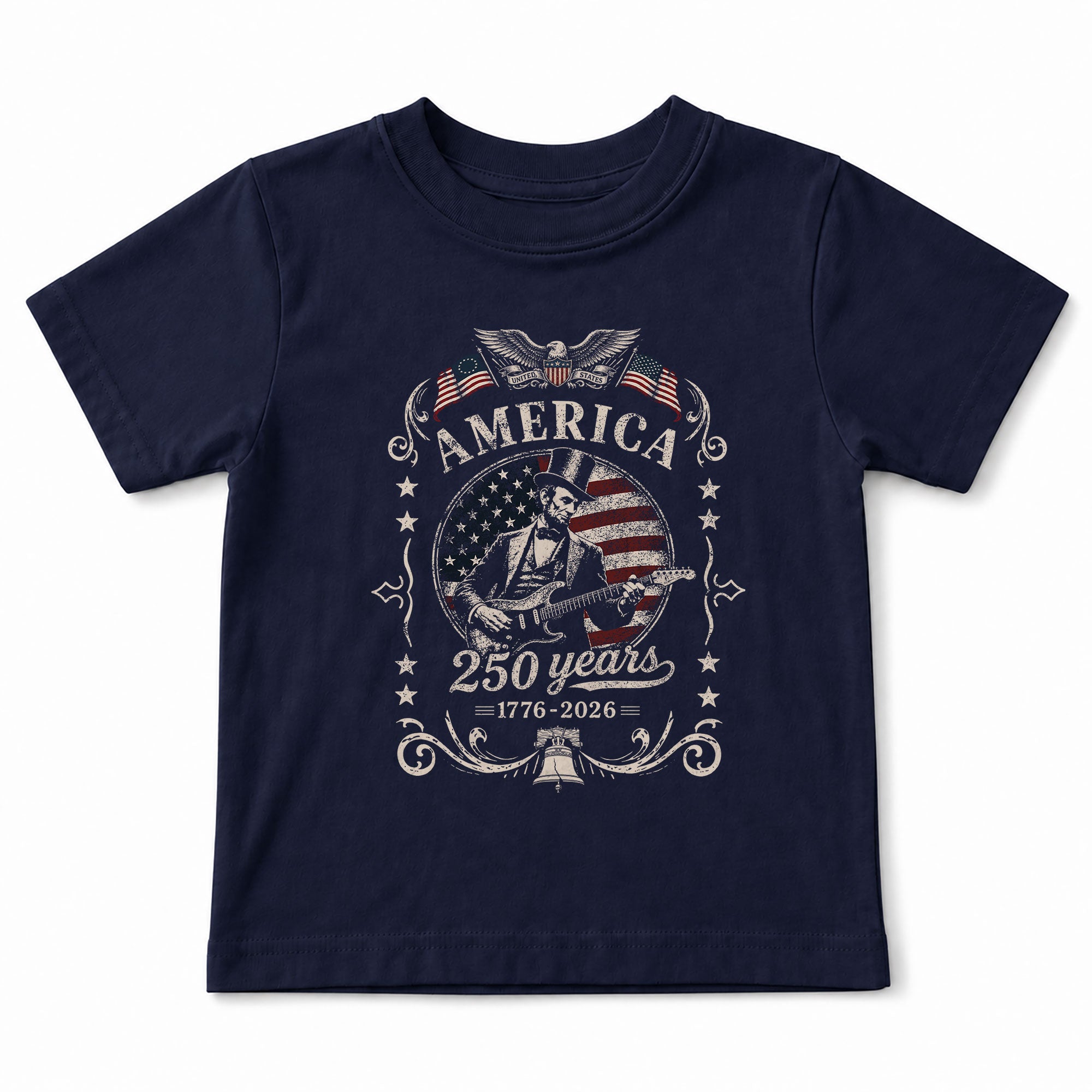 T-Shirt Kid America 250 Years 1776-2026 Patriotic Abraham Lincoln Guitar Kids Tee