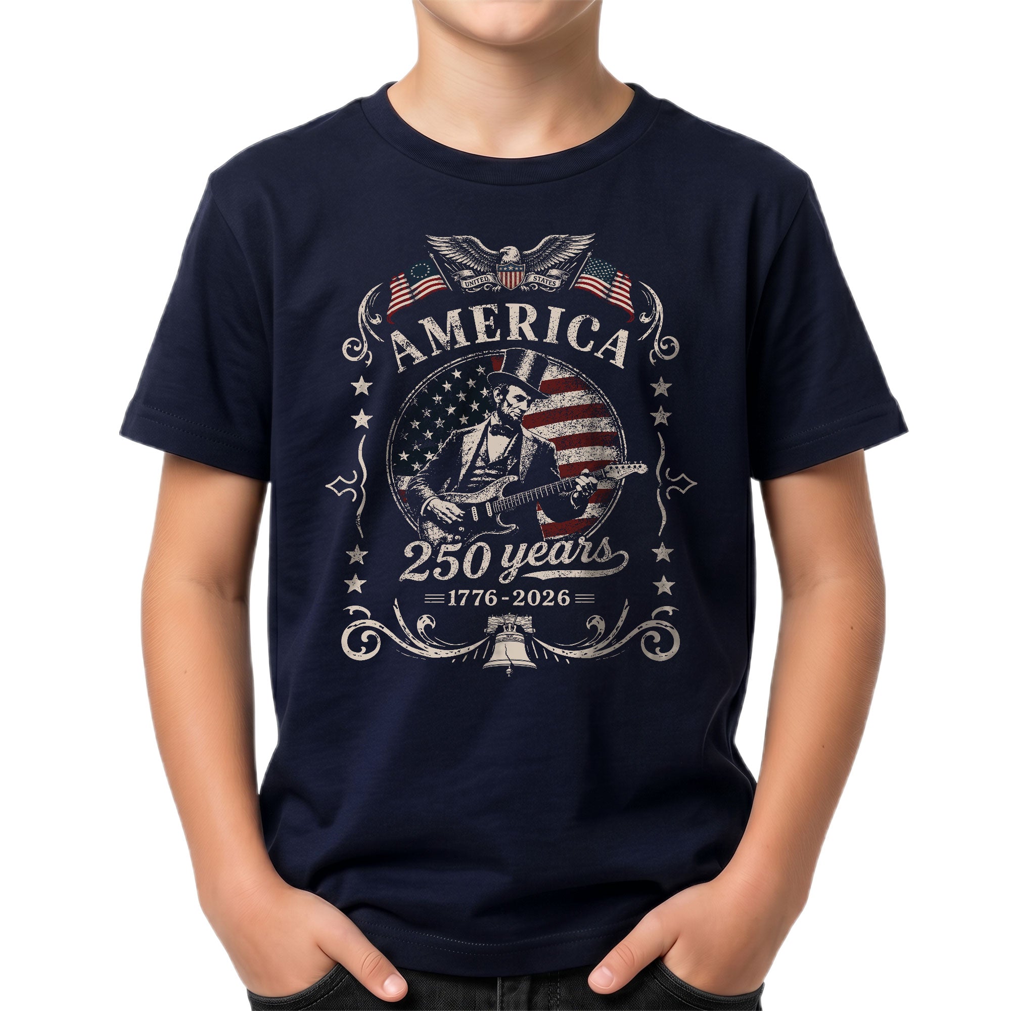 T-Shirt Kid America 250 Years 1776-2026 Patriotic Abraham Lincoln Guitar Kids Tee