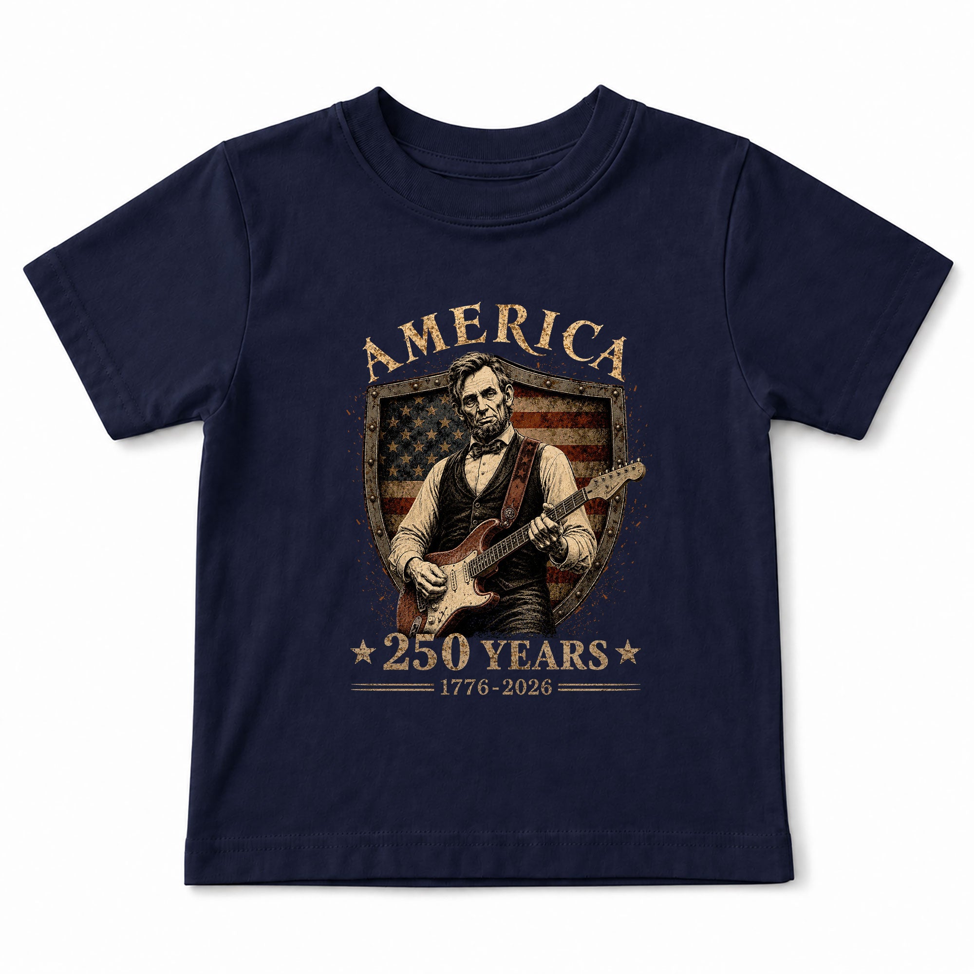 T-Shirt Kid Shield Abraham Lincoln Guitar 1776-2026 America 250 Years Patriotic Tee