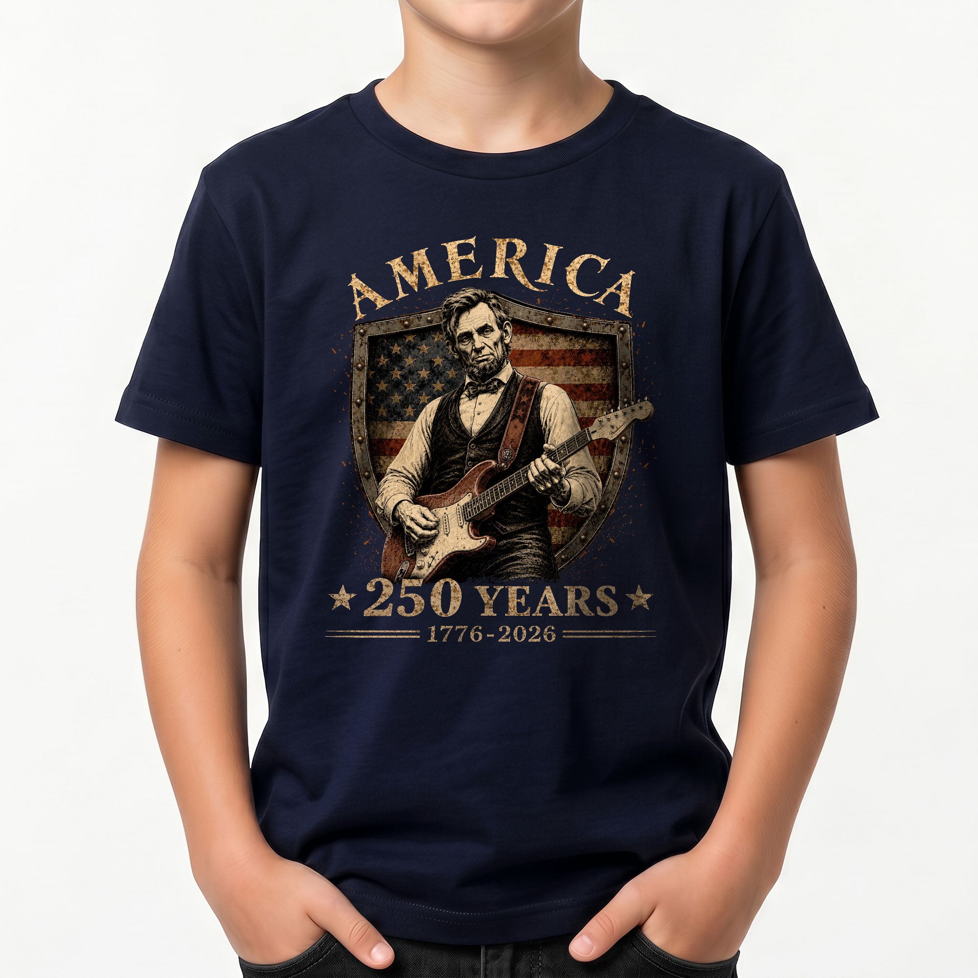 T-Shirt Kid Shield Abraham Lincoln Guitar 1776-2026 America 250 Years Patriotic Tee