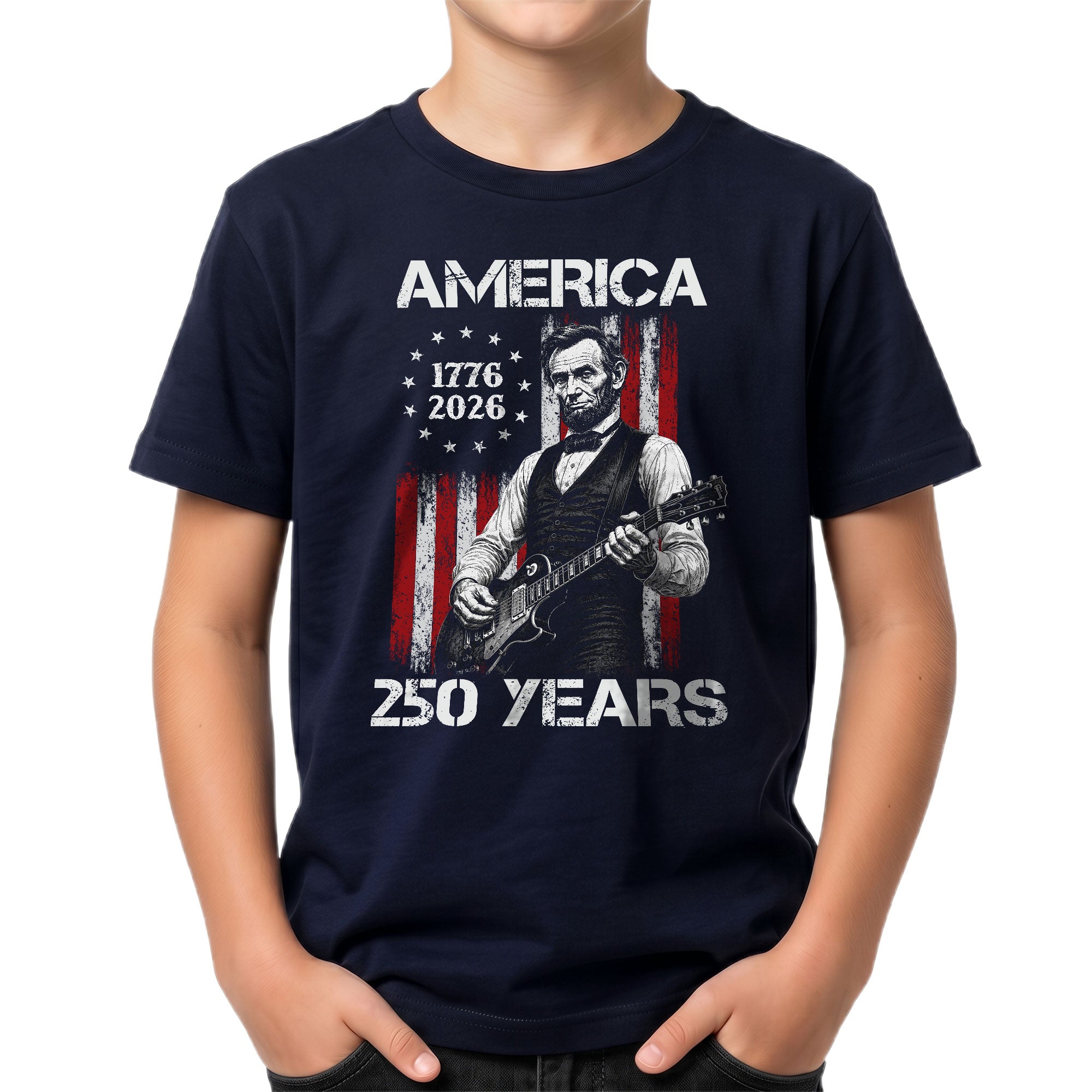 T-Shirt Kid Stars 1776-2026 America 250 Years Abraham Lincoln Guitar Boys Girls Tee