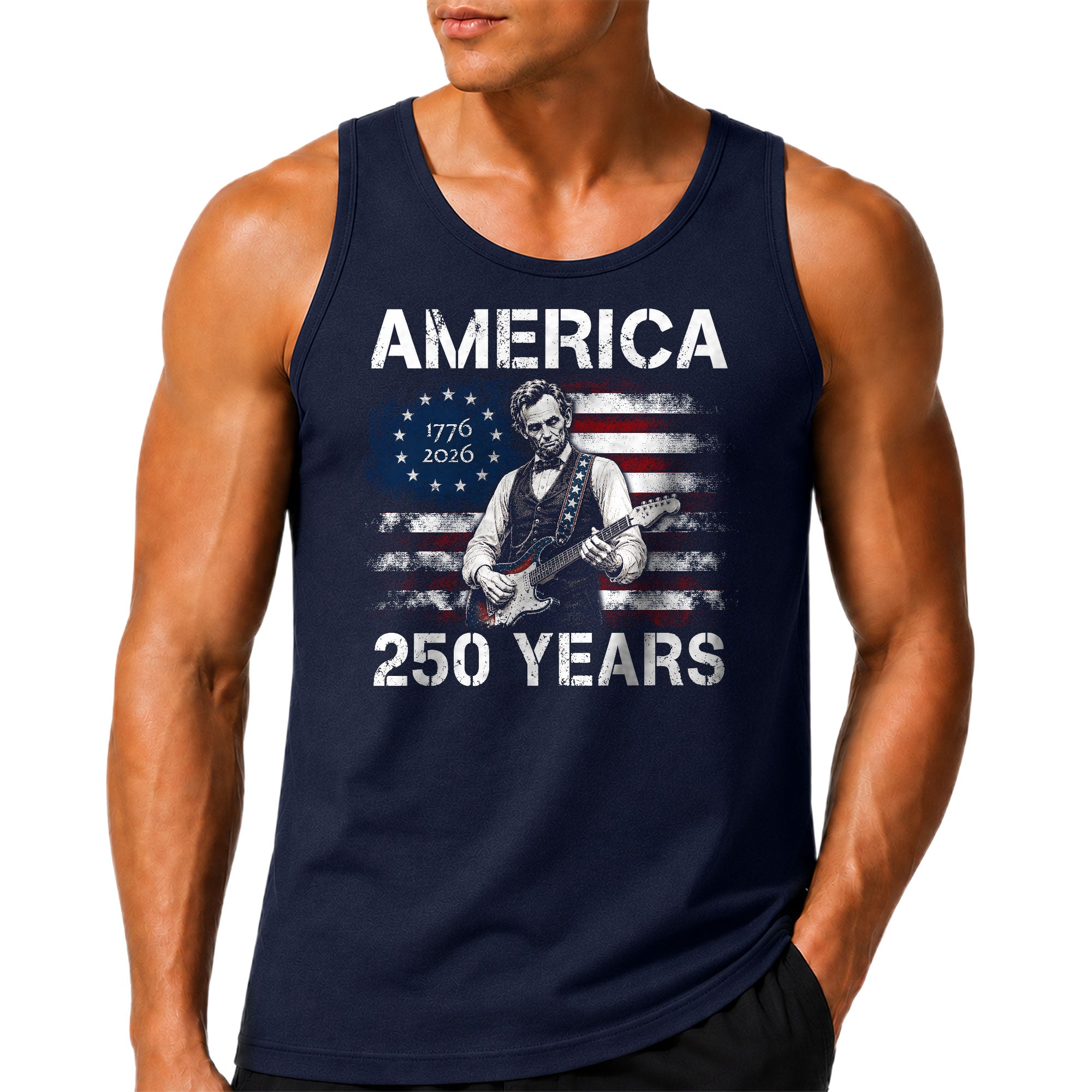 Retro Lincoln Guitar Flag Tank Top 1776-2026 Patriotic Vintage Men Graphic Sleeveless Shirt