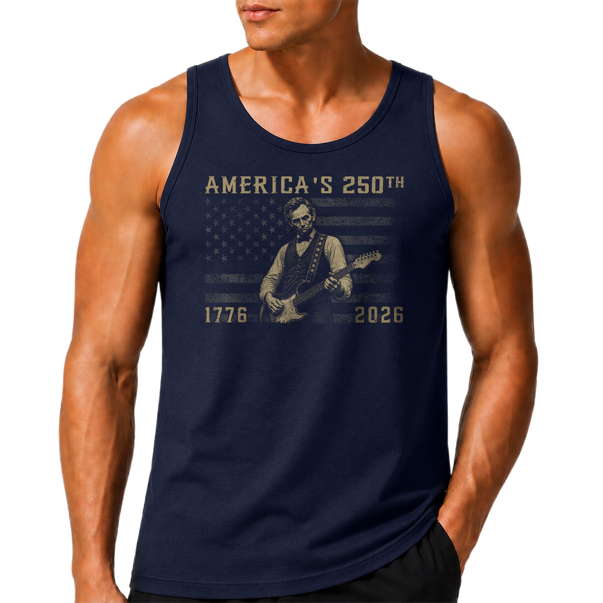 Blackout Flag Lincoln Guitar Tank Top 1776-2026 Patriotic Vintage Men Graphic Gym Shirt
