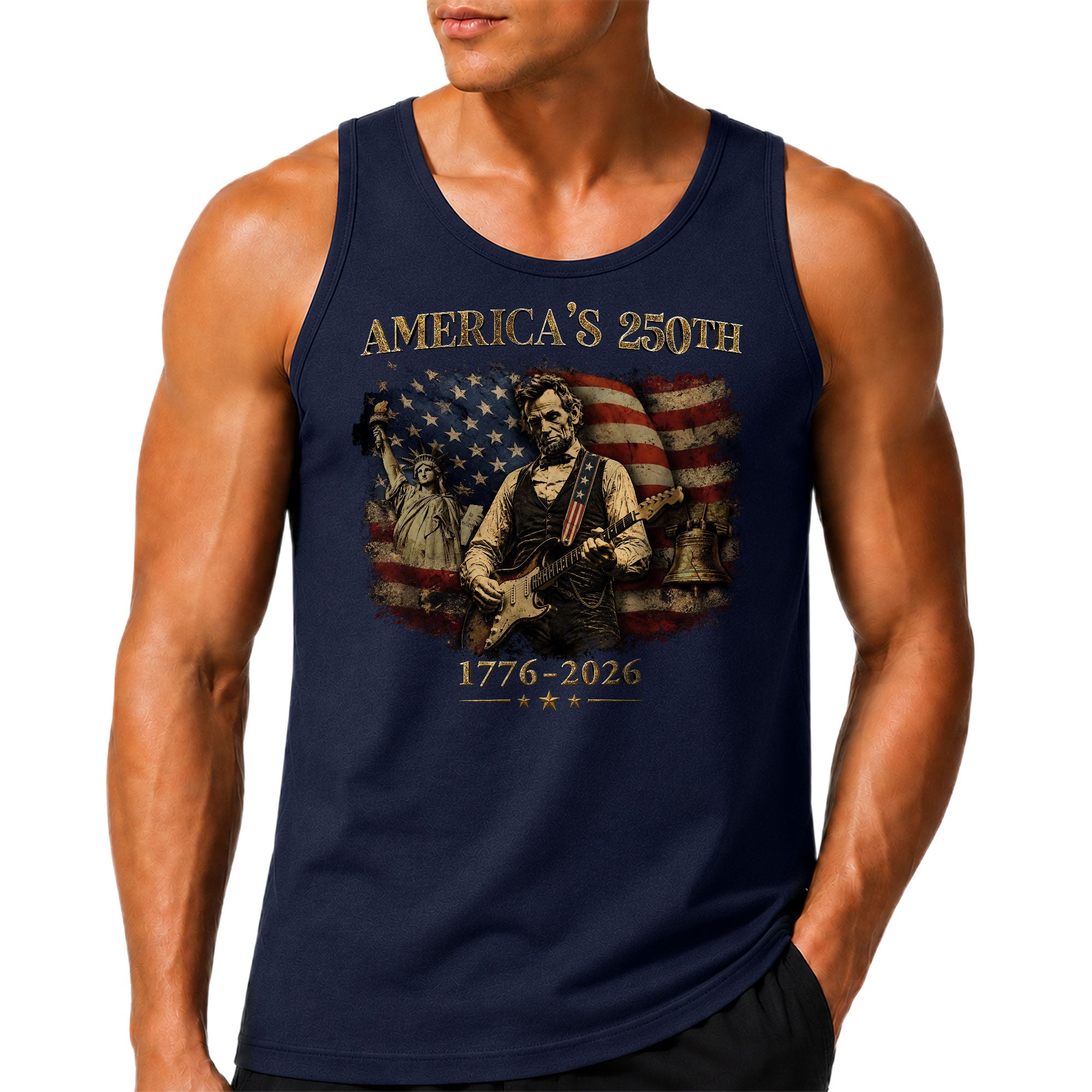 Lincoln Liberty Statue Guitar Tank Top 1776-2026 Patriotic Vintage Men Graphic Gym Shirt