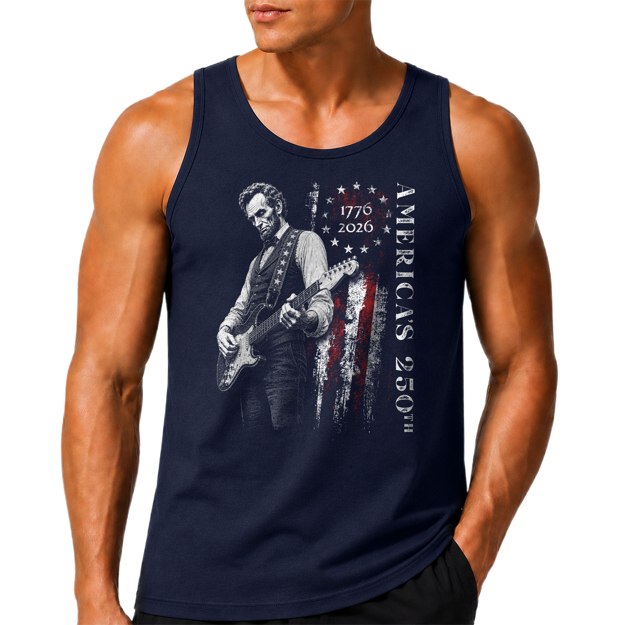Vertical Flag Lincoln Guitar Tank Top 1776-2026 Patriotic Vintage Men Graphic Gym Shirt