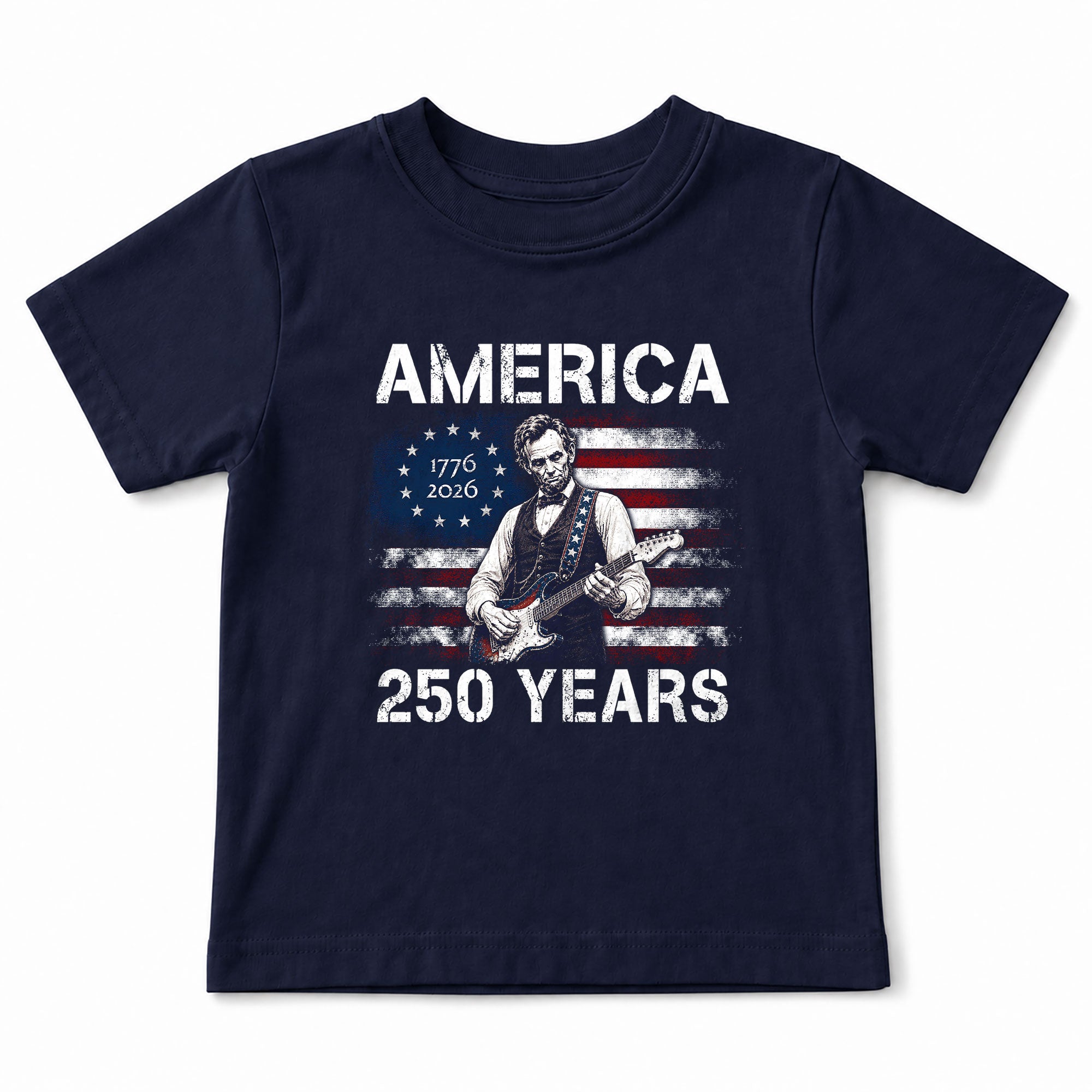 Kids America 250 Years T-Shirt 1776–2026 Lincoln Guitar Patriotic Youth Tee