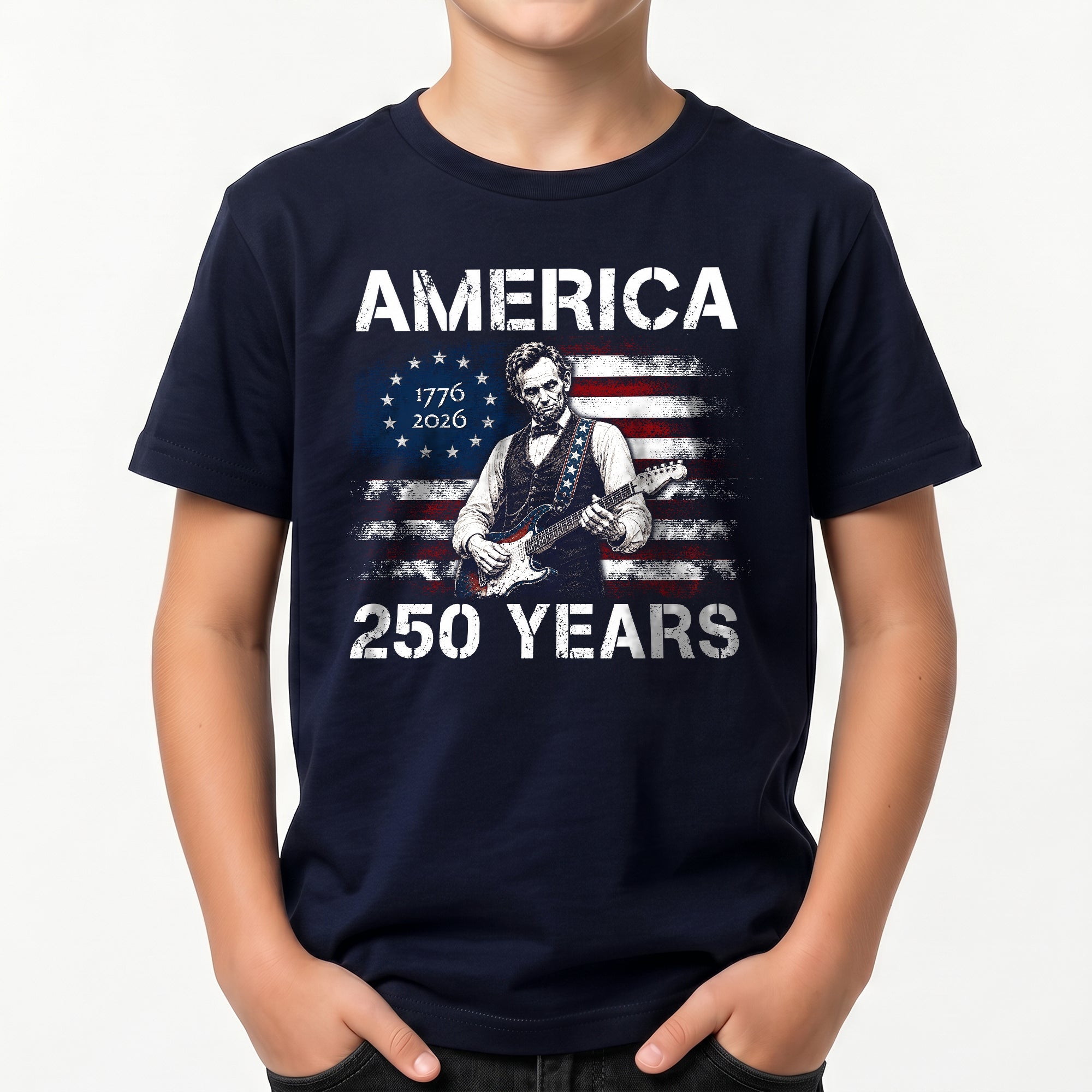 Kids America 250 Years T-Shirt 1776–2026 Lincoln Guitar Patriotic Youth Tee